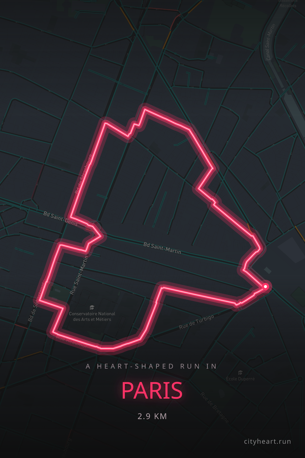 Heart-shaped running route in Paris, 2.9 km — GPS art for Strava
