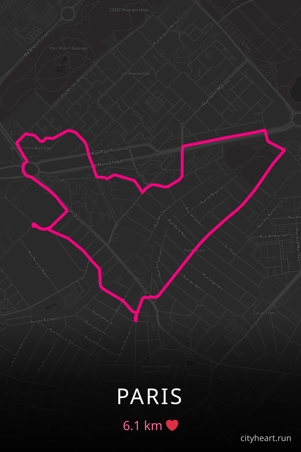 Heart-shaped running route in Paris, 6.1 km — GPS art for Strava