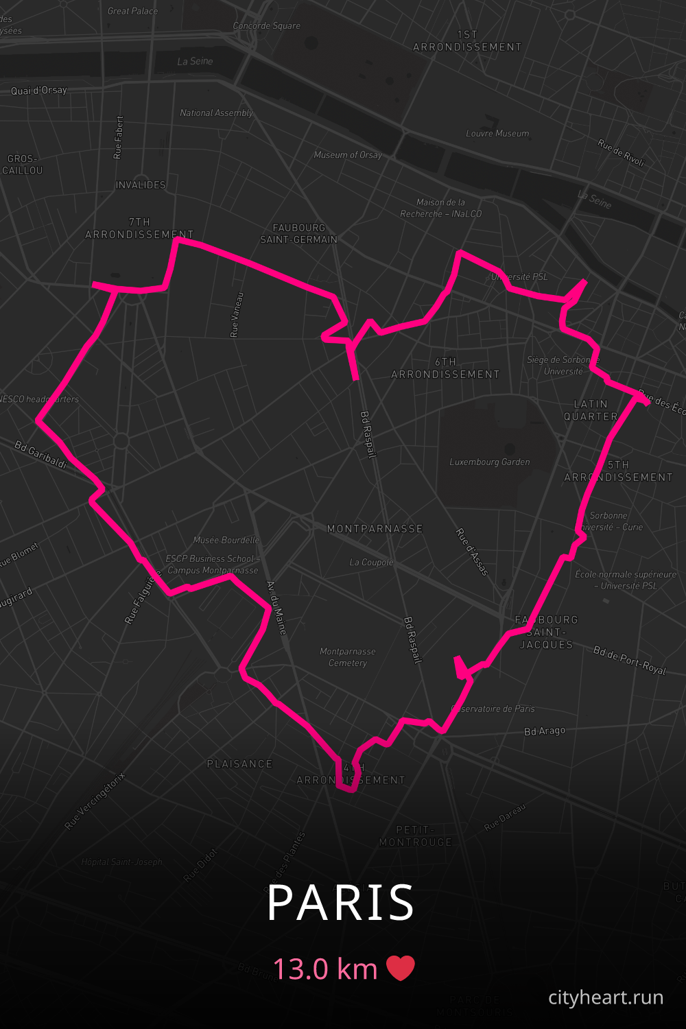 Heart-shaped running route in Paris, 13.0 km — GPS art for Strava