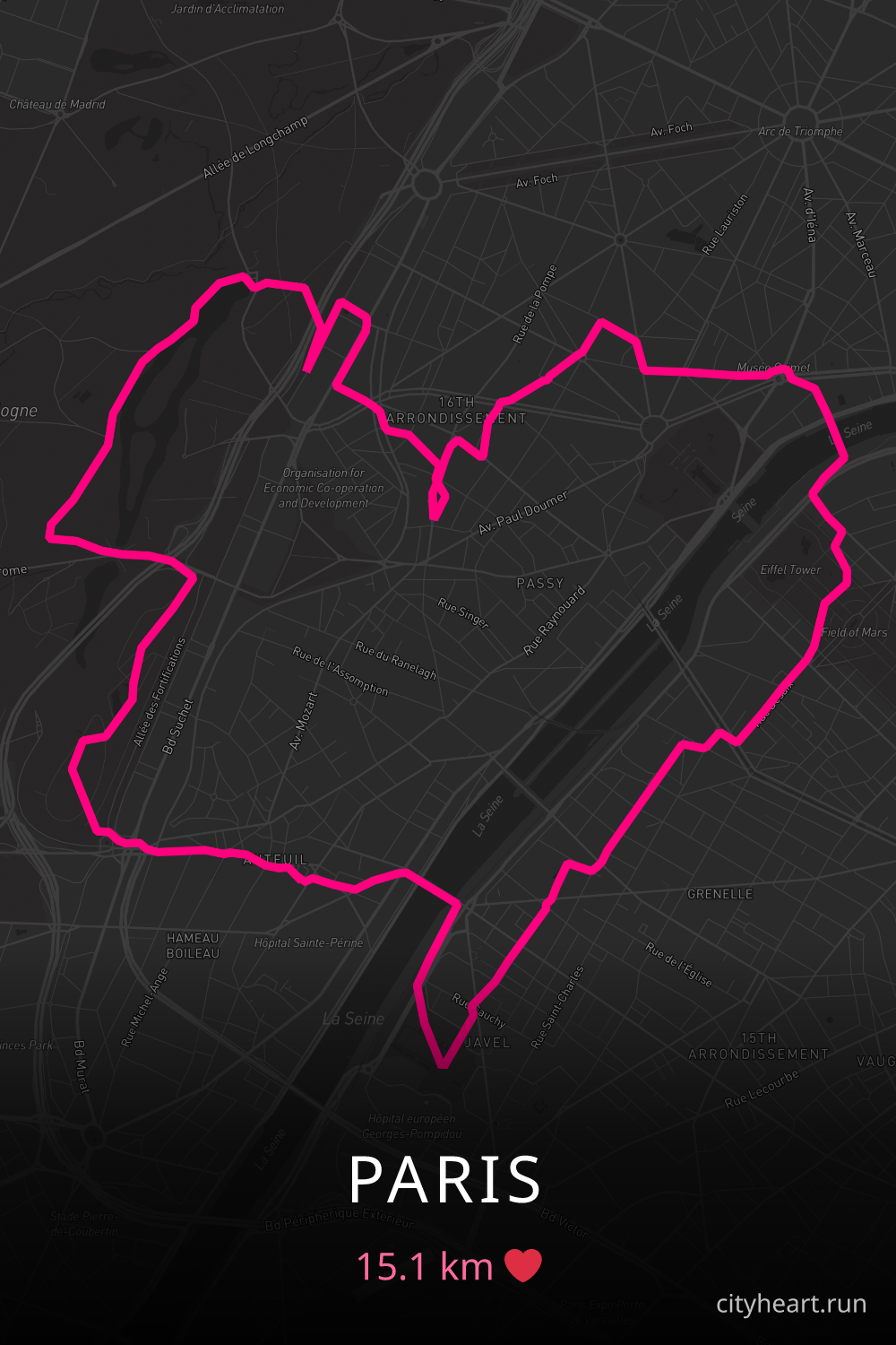 Heart-shaped running route in Paris, 15.1 km — GPS art for Strava