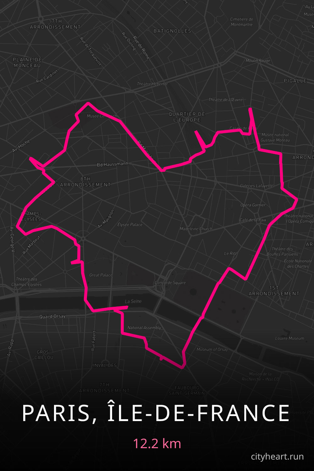 Heart-shaped running route in Paris, Île-de-France, 12.2 km — GPS art for Strava