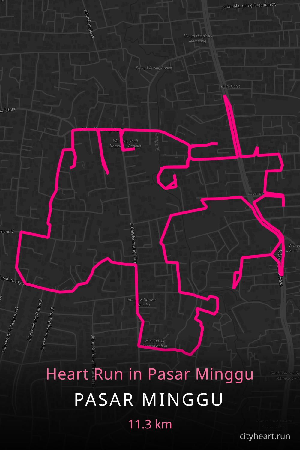 Heart-shaped running route in Pasar Minggu, 12.4 km — GPS art for Strava