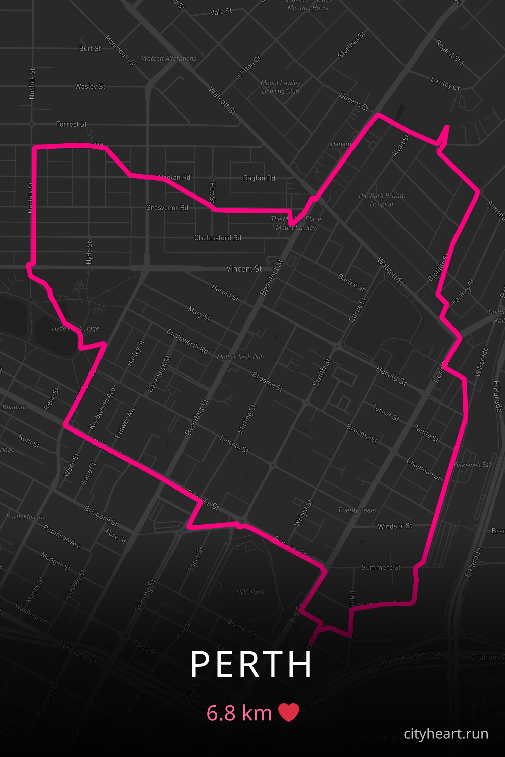 Heart-shaped running route in Perth, 6.8 km — GPS art for Strava