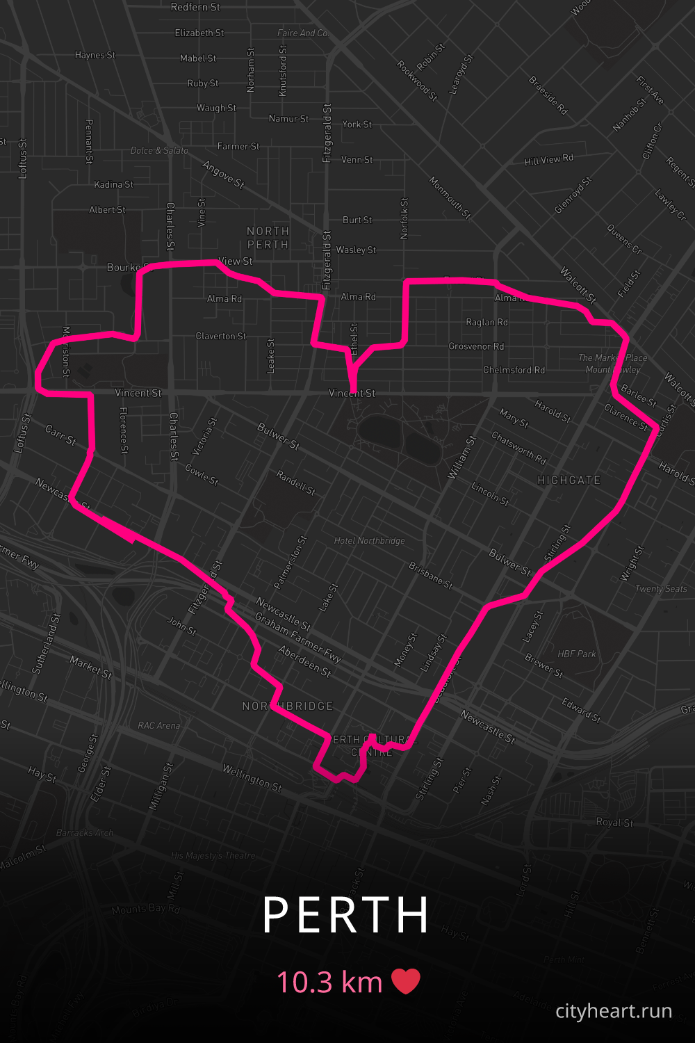 Heart-shaped running route in Perth, 10.3 km — GPS art for Strava