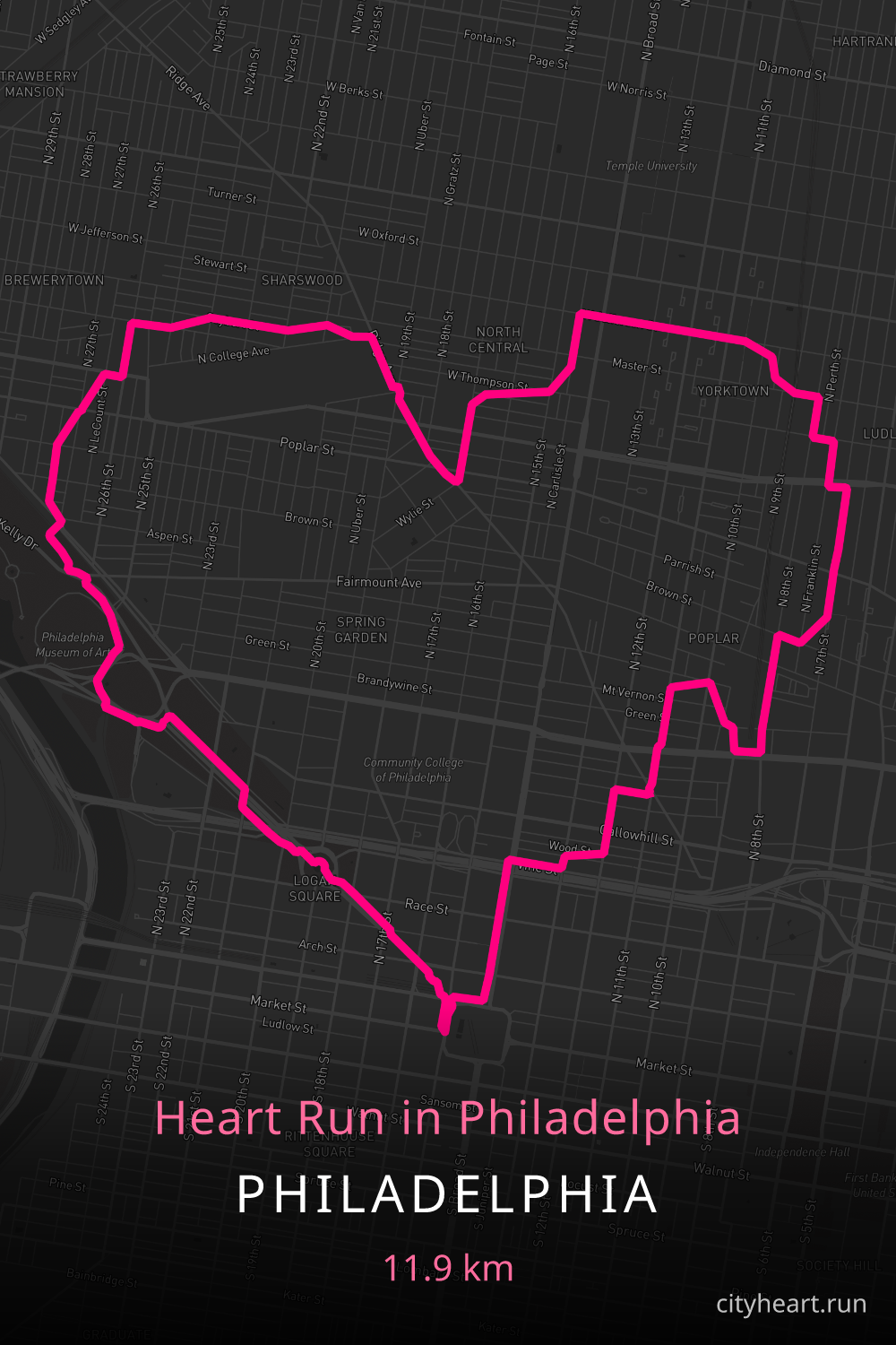 Heart-shaped running route in Philadelphia, 12.9 km — GPS art for Strava