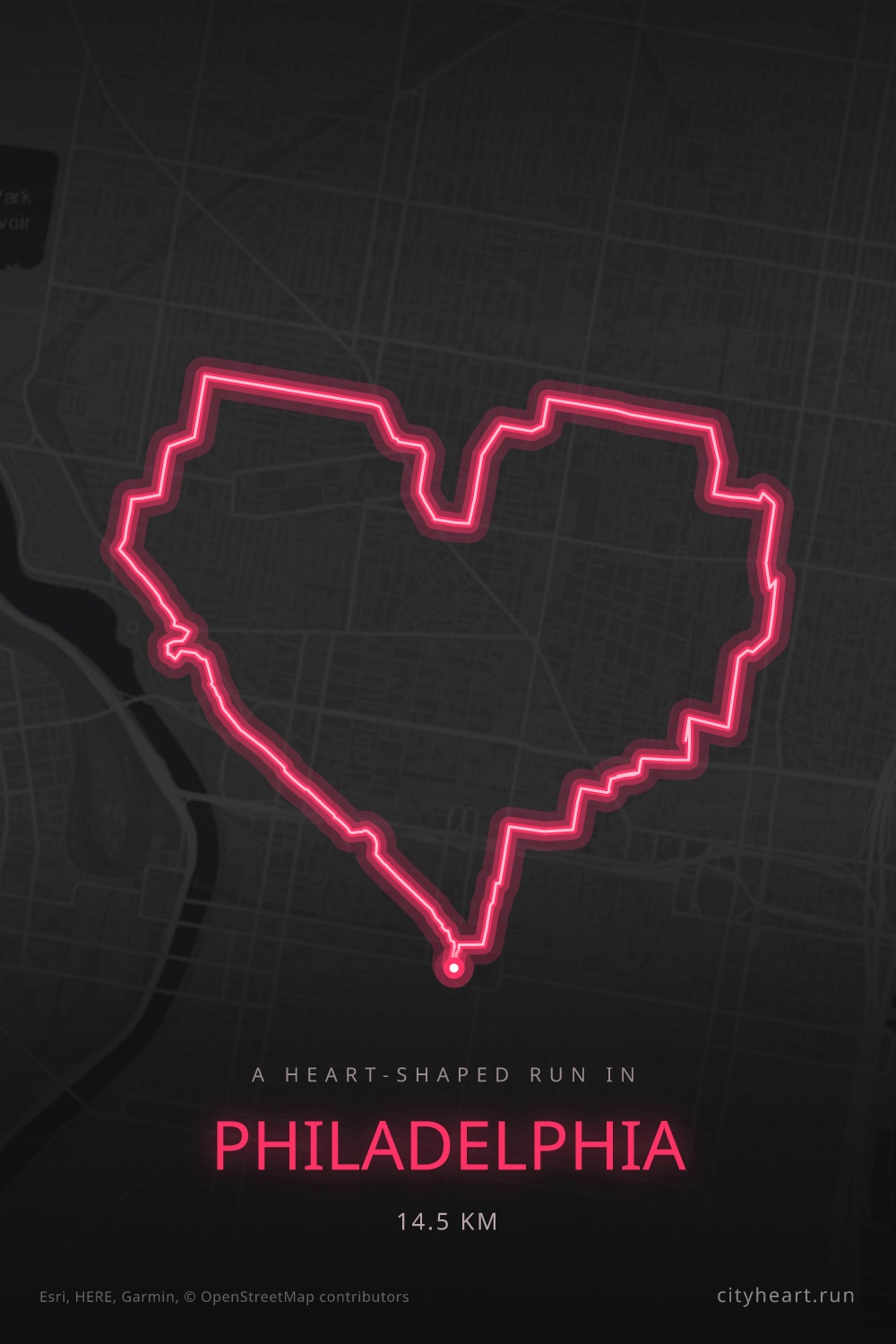 Heart-shaped running route in Philadelphia, 14.5 km — GPS art for Strava