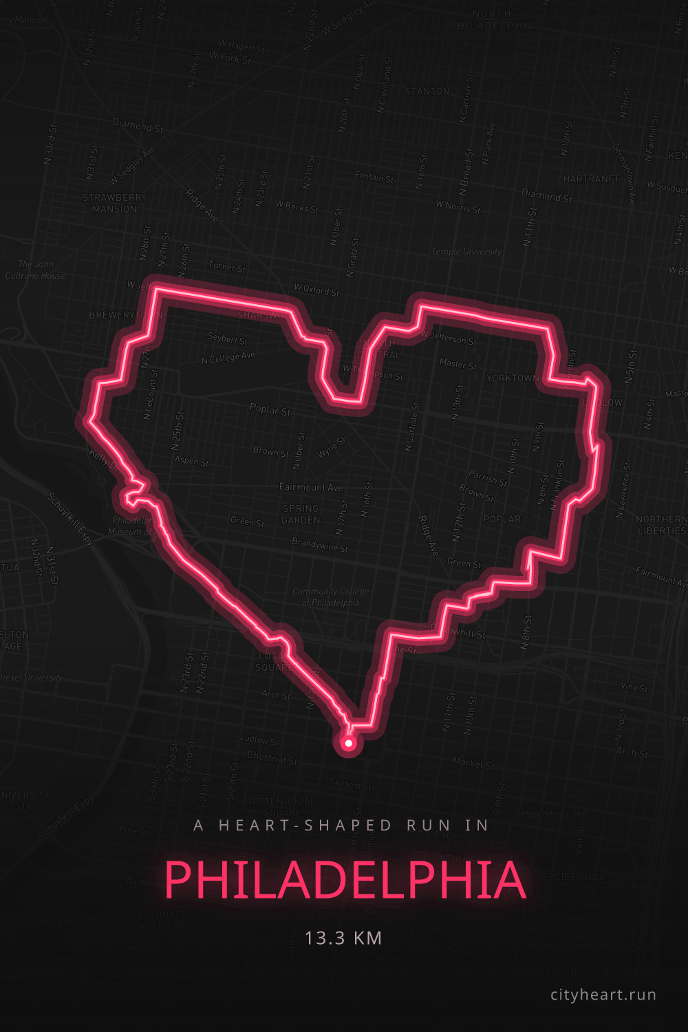 Heart-shaped running route in Philadelphia, 14.5 km — GPS art for Strava