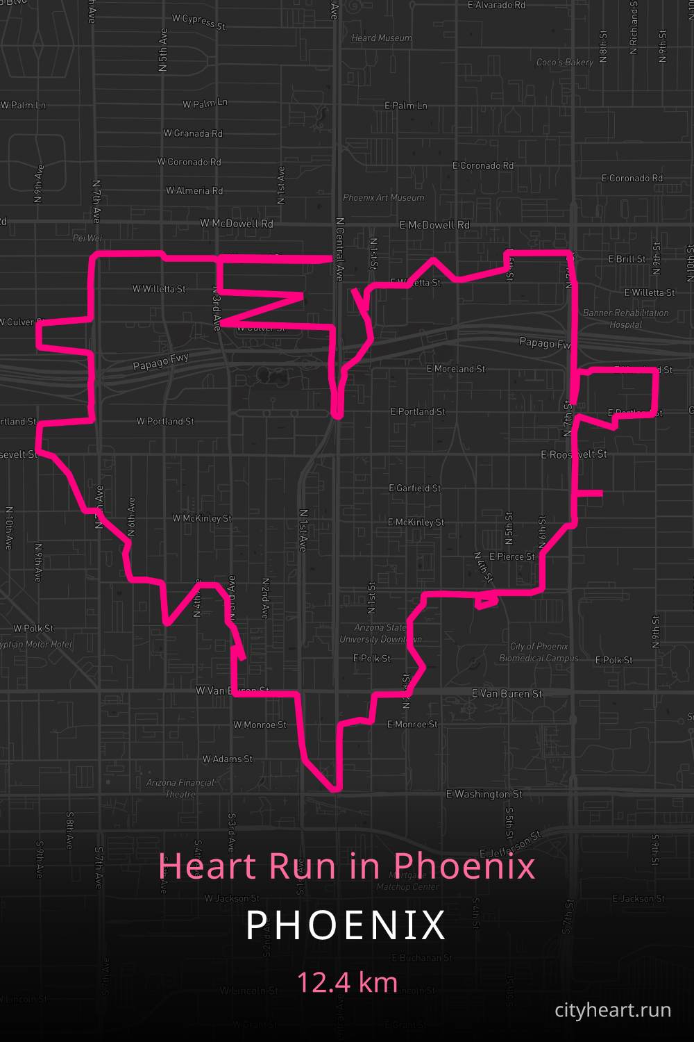 Heart-shaped running route in Phoenix, 12.4 km — GPS art for Strava