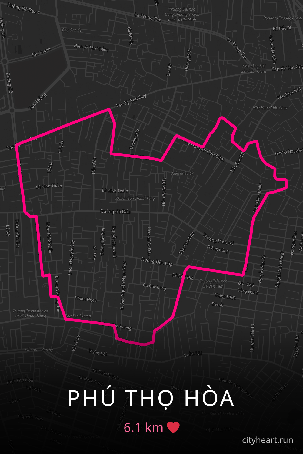Heart-shaped running route in Phú Thọ Hòa, 6.1 km — GPS art for Strava