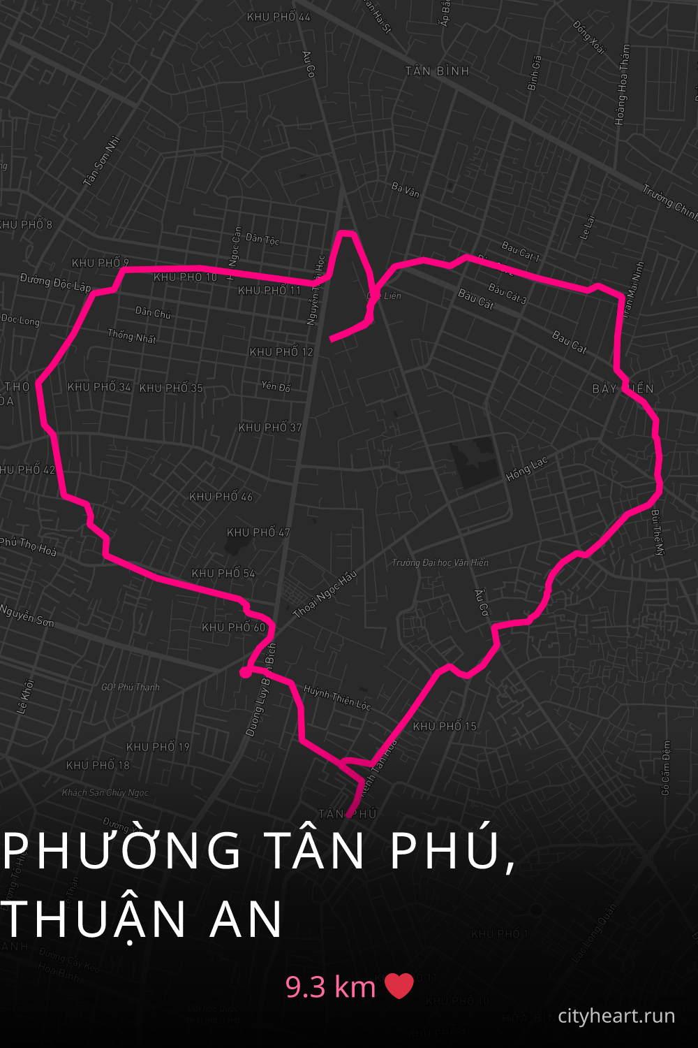Heart-shaped running route in Phường Tân Phú, Thuận An, 9.3 km — GPS art for Strava
