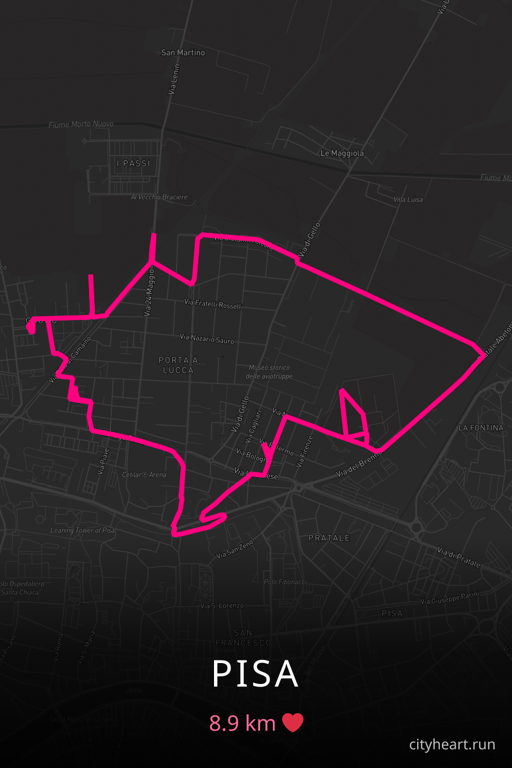 Heart-shaped running route in Pisa, 8.9 km — GPS art for Strava