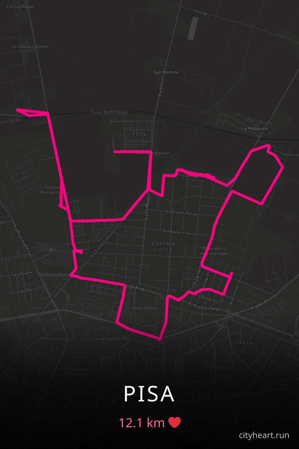 Heart-shaped running route in Pisa, 12.1 km — GPS art for Strava