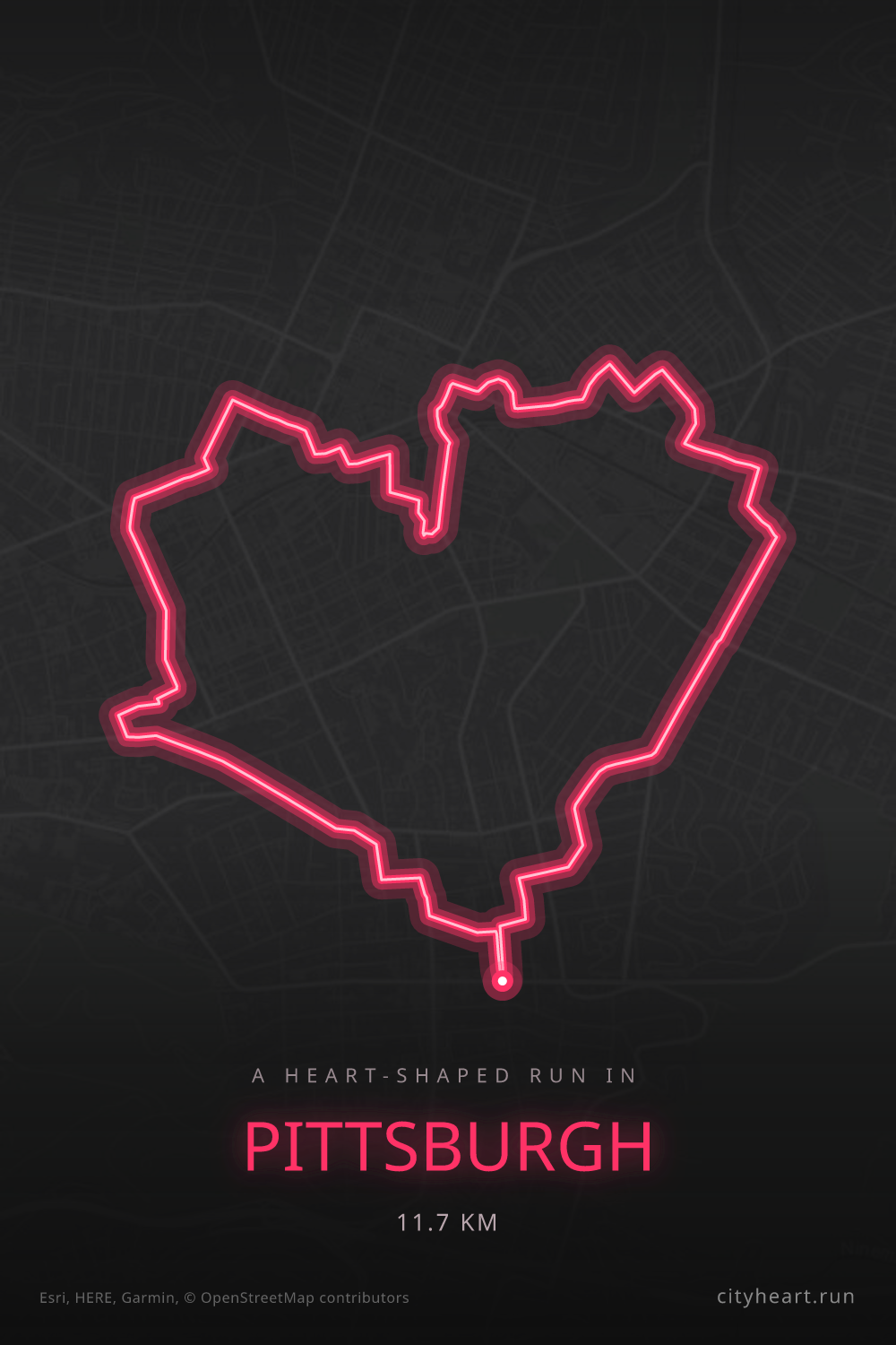 Heart-shaped running route in Pittsburgh, 11.7 km — GPS art for Strava