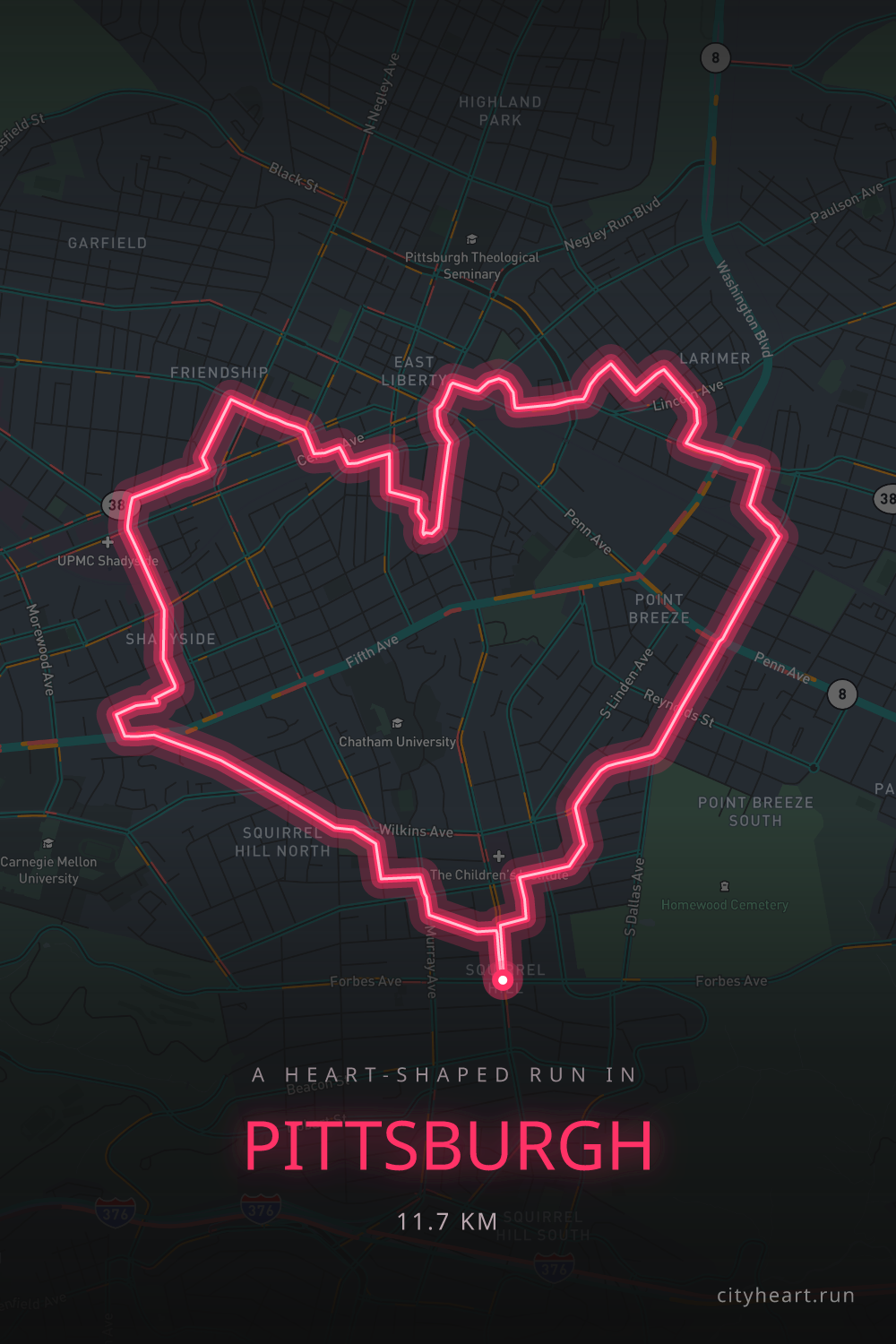 Heart-shaped running route in Pittsburgh, 11.7 km — GPS art for Strava