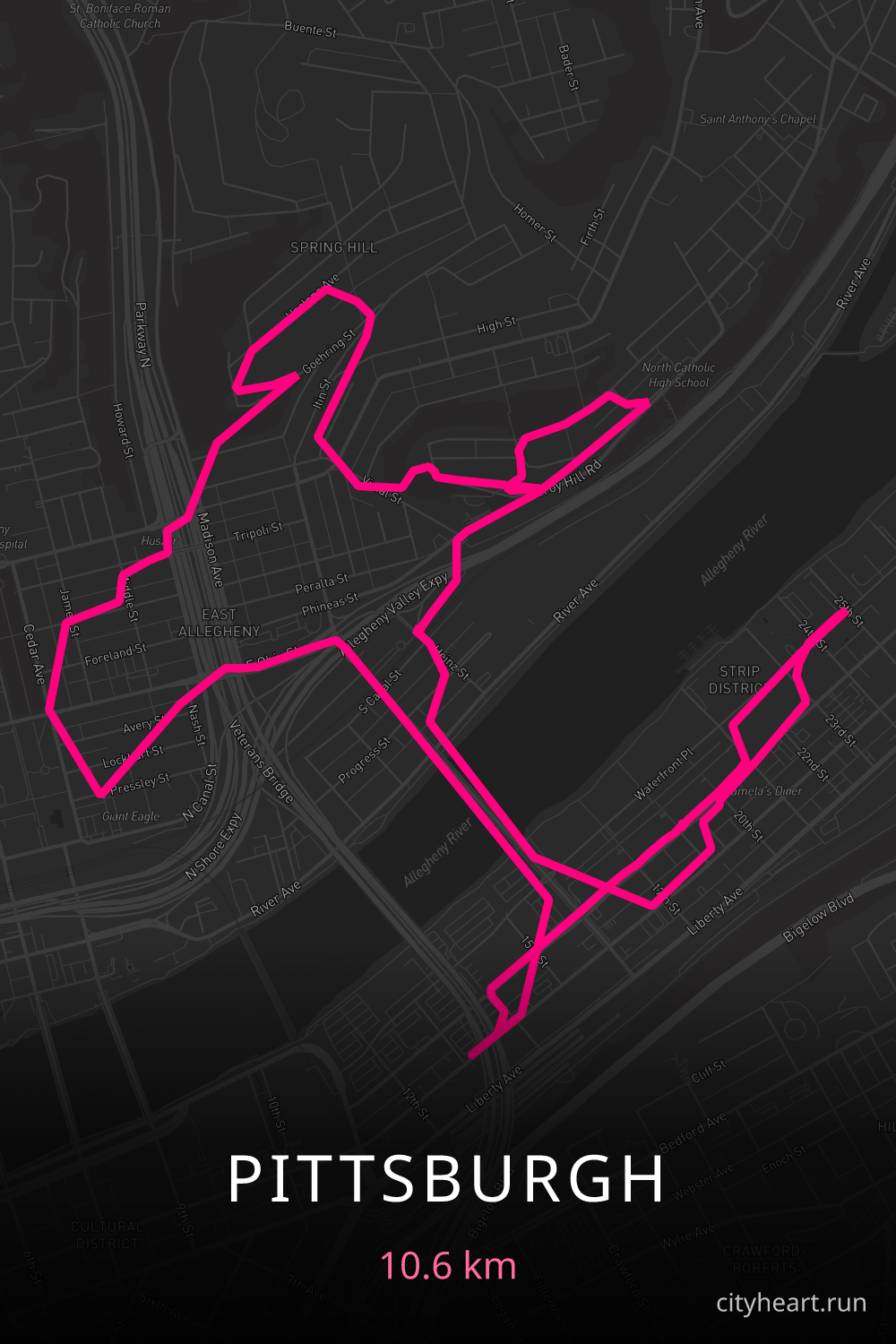 Heart-shaped running route in Pittsburgh, 10.6 km — GPS art for Strava