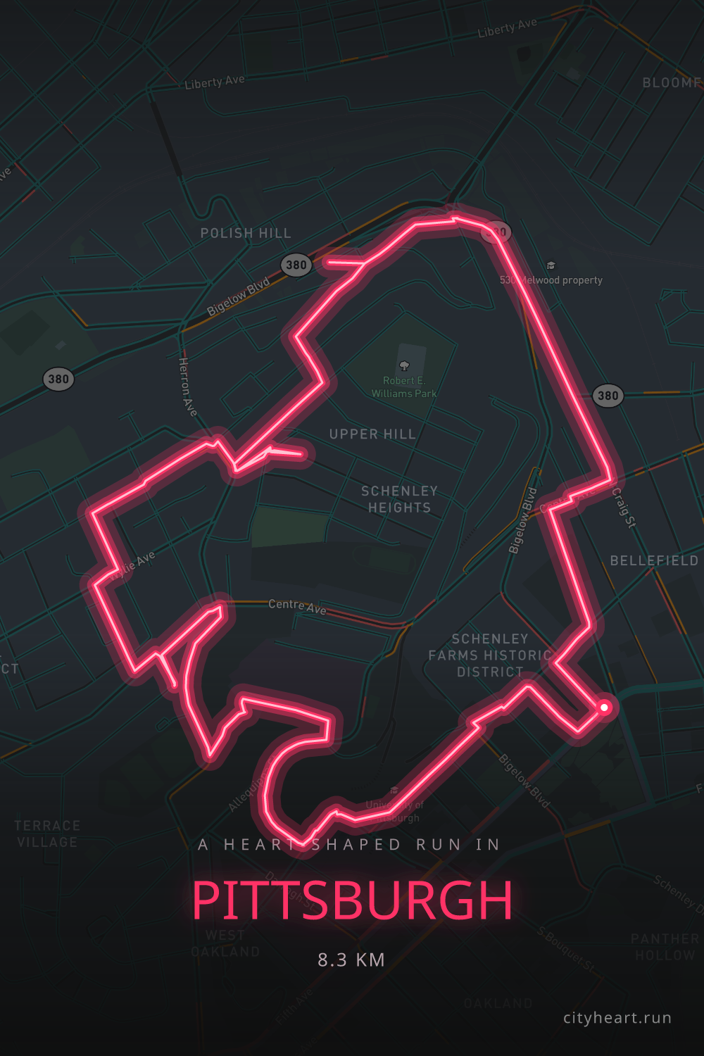 Heart-shaped running route in Pittsburgh, 9.1 km — GPS art for Strava