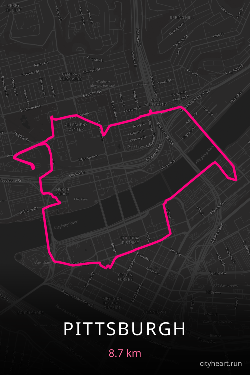 Heart-shaped running route in Pittsburgh, 8.7 km — GPS art for Strava