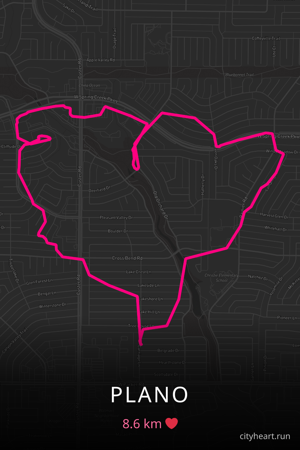 Heart-shaped running route in Plano, 8.6 km — GPS art for Strava