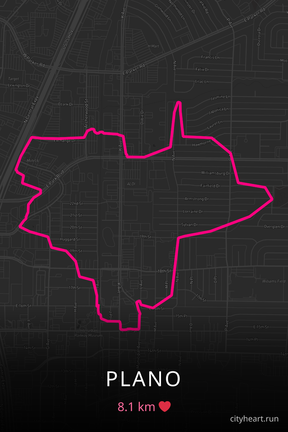 Heart-shaped running route in Plano, 8.1 km — GPS art for Strava