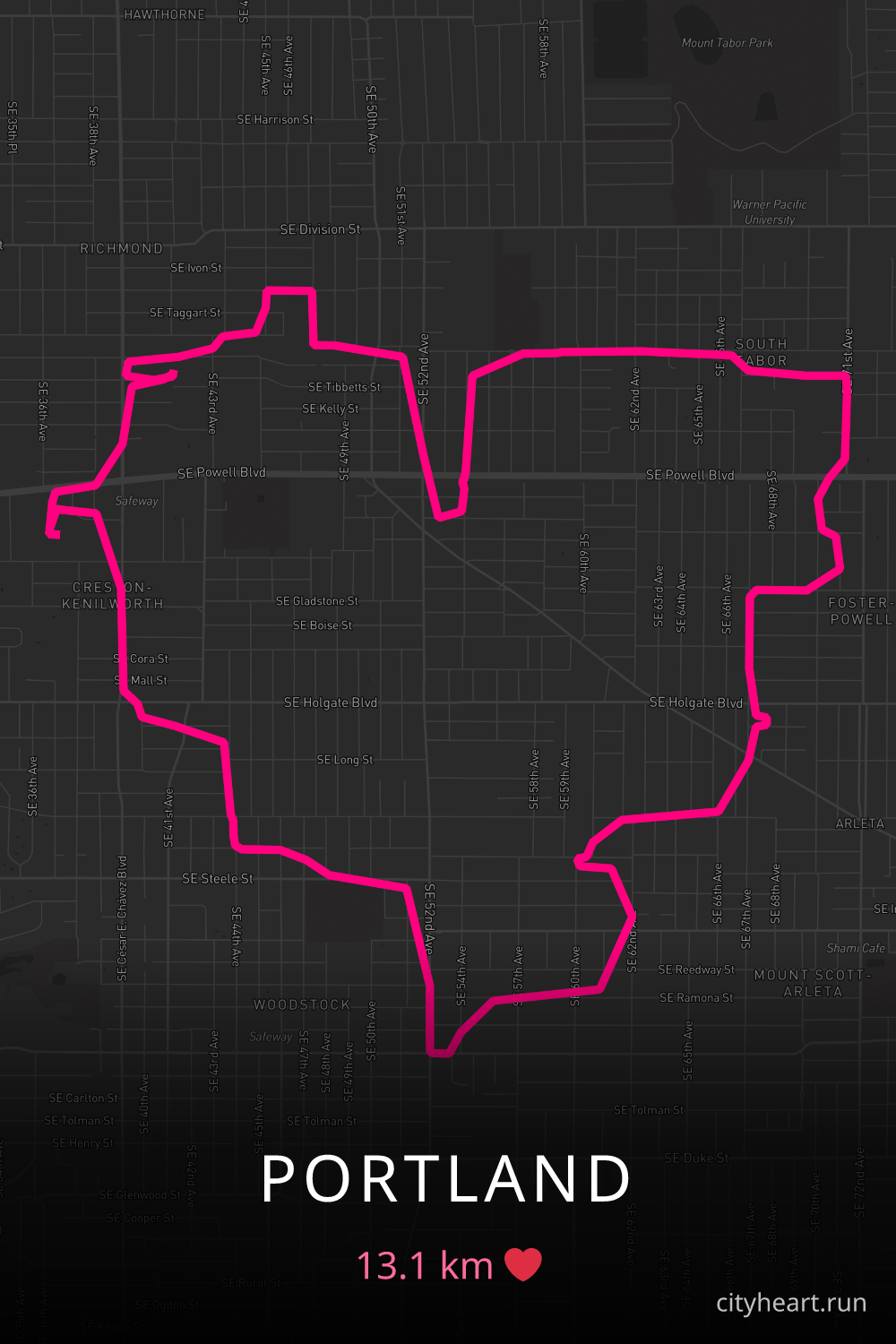 Heart-shaped running route in Portland, 13.1 km — GPS art for Strava
