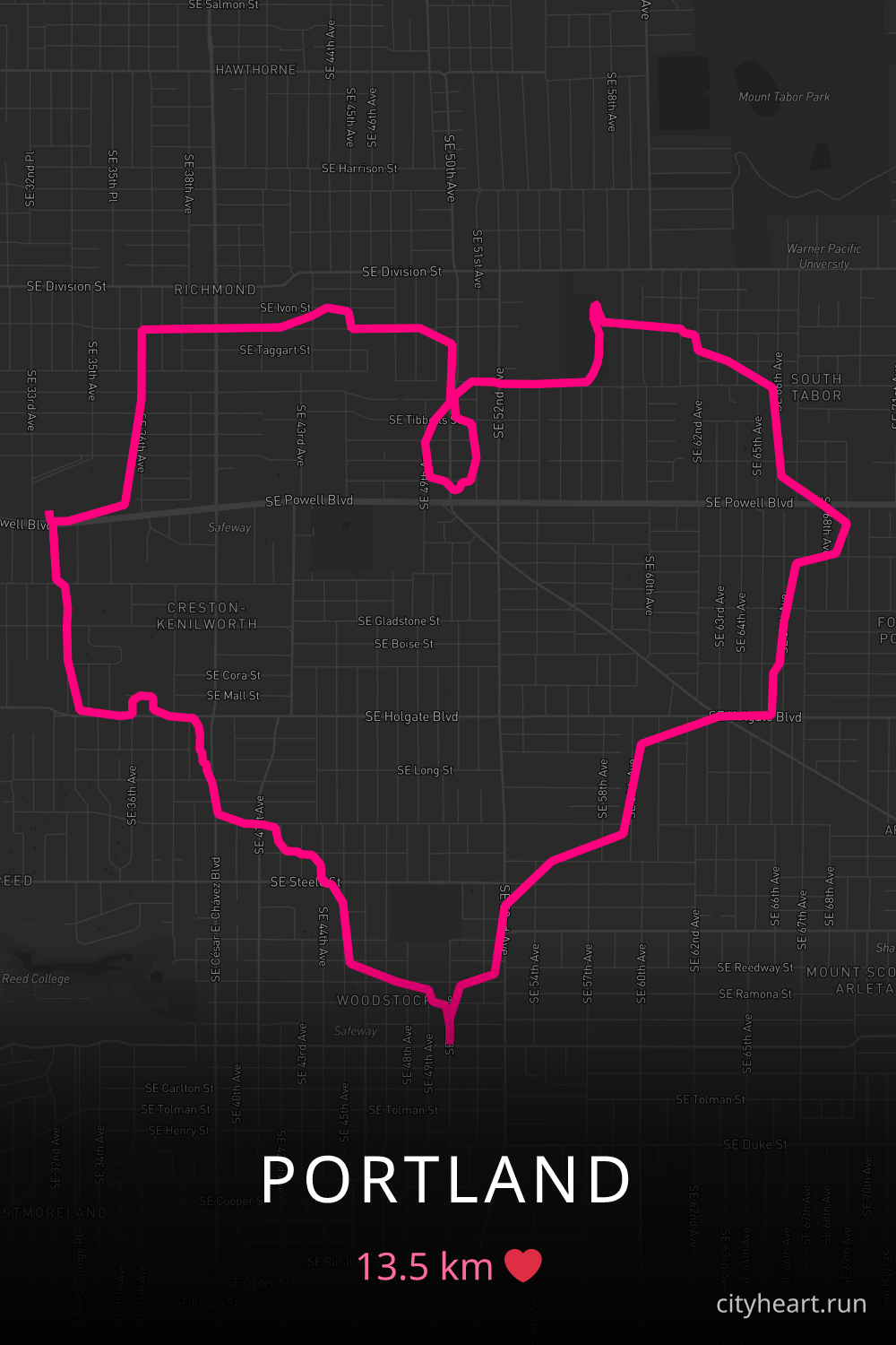 Heart-shaped running route in Portland, 13.5 km — GPS art for Strava