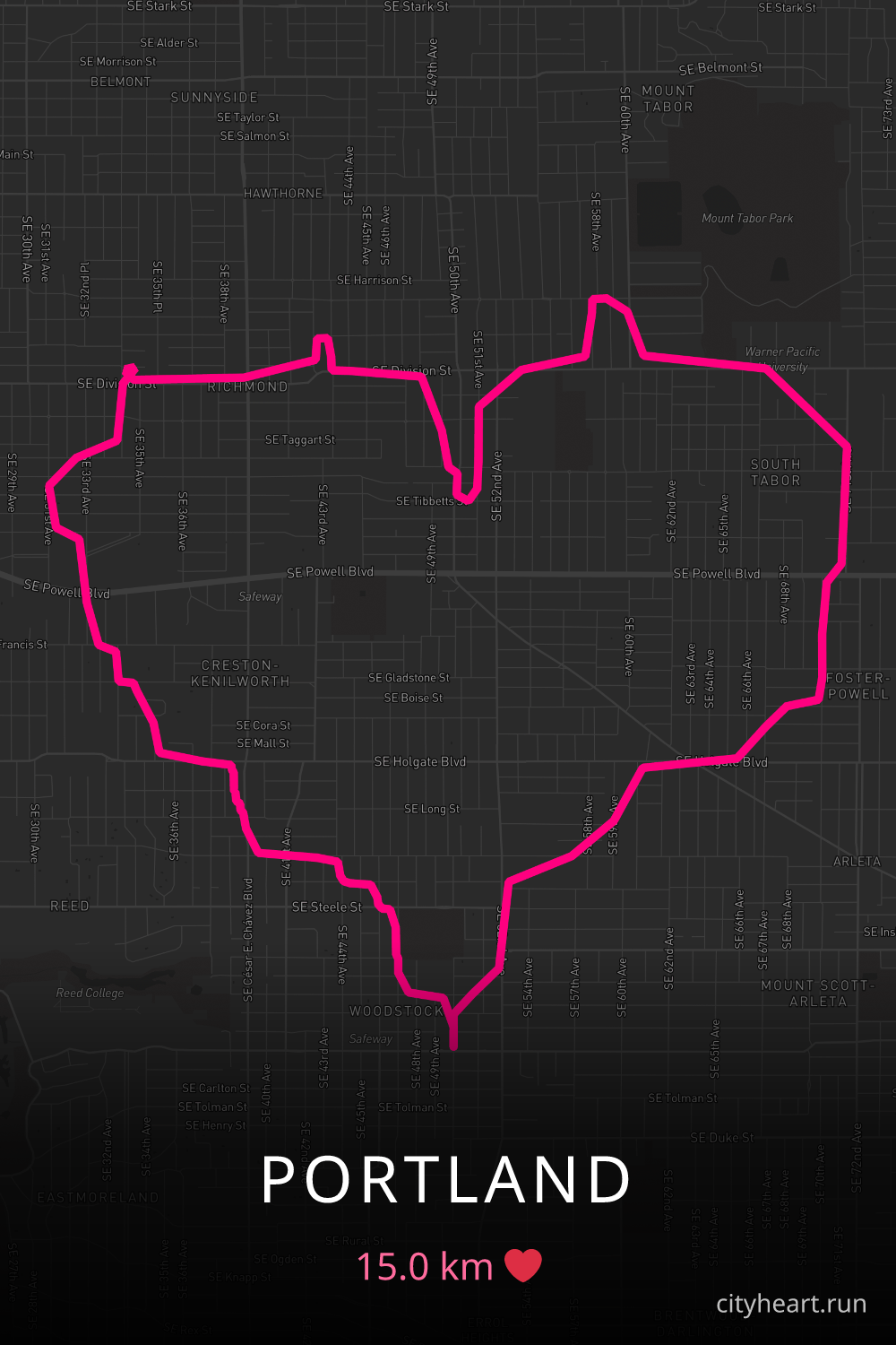 Heart-shaped running route in Portland, 15.0 km — GPS art for Strava