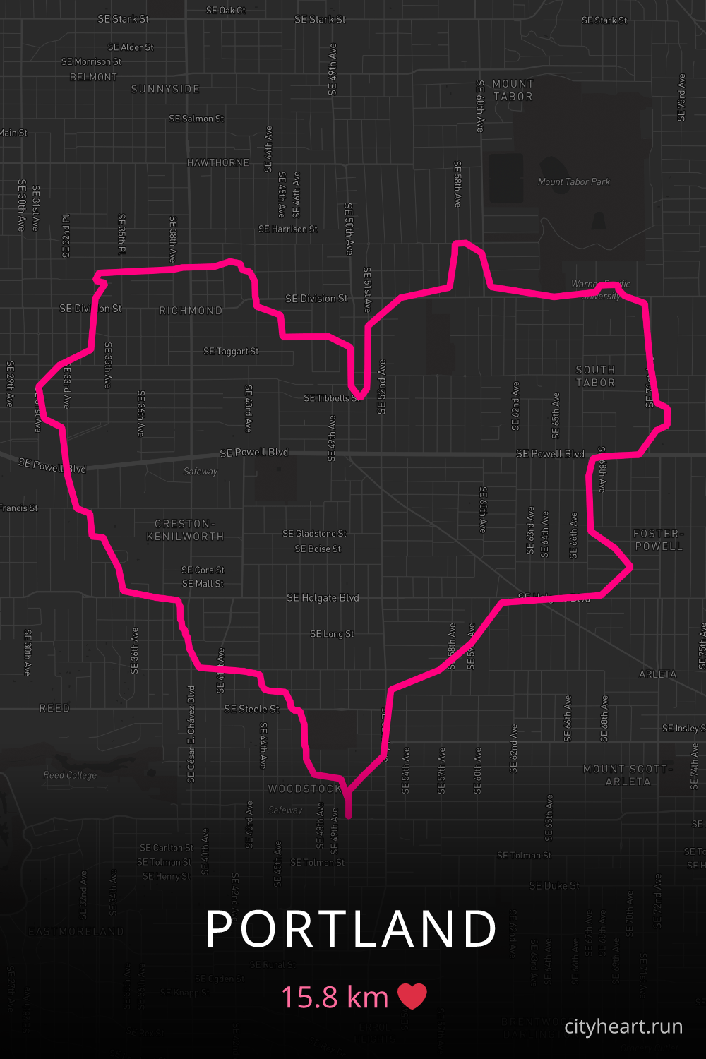 Heart-shaped running route in Portland, 15.8 km — GPS art for Strava
