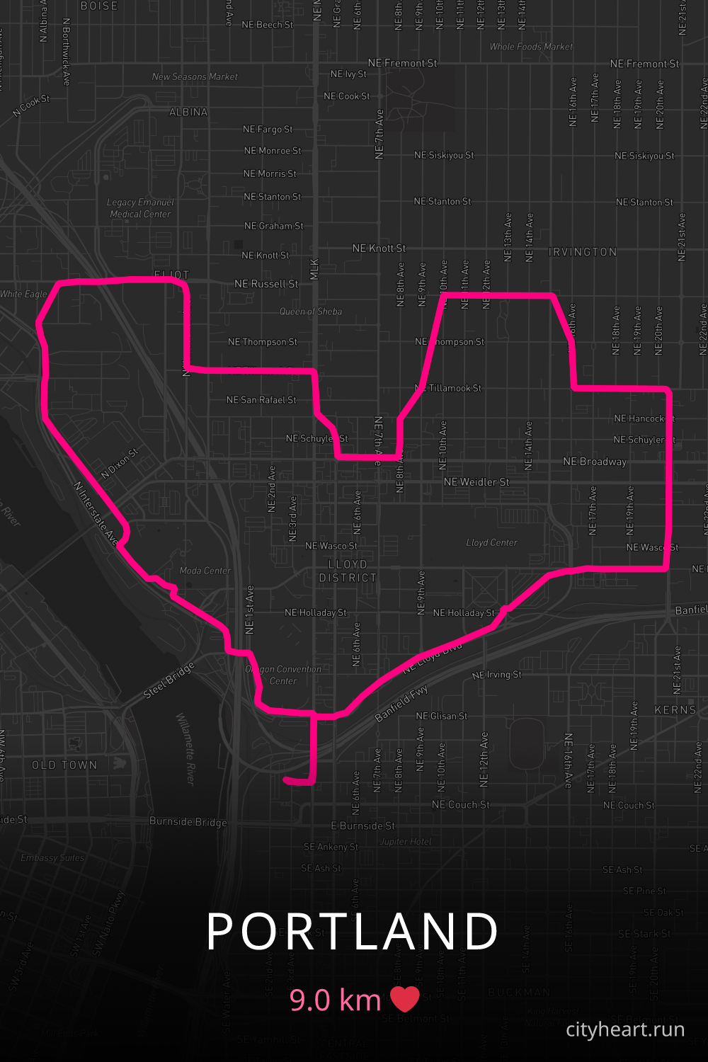 Heart-shaped running route in Portland, 9.0 km — GPS art for Strava