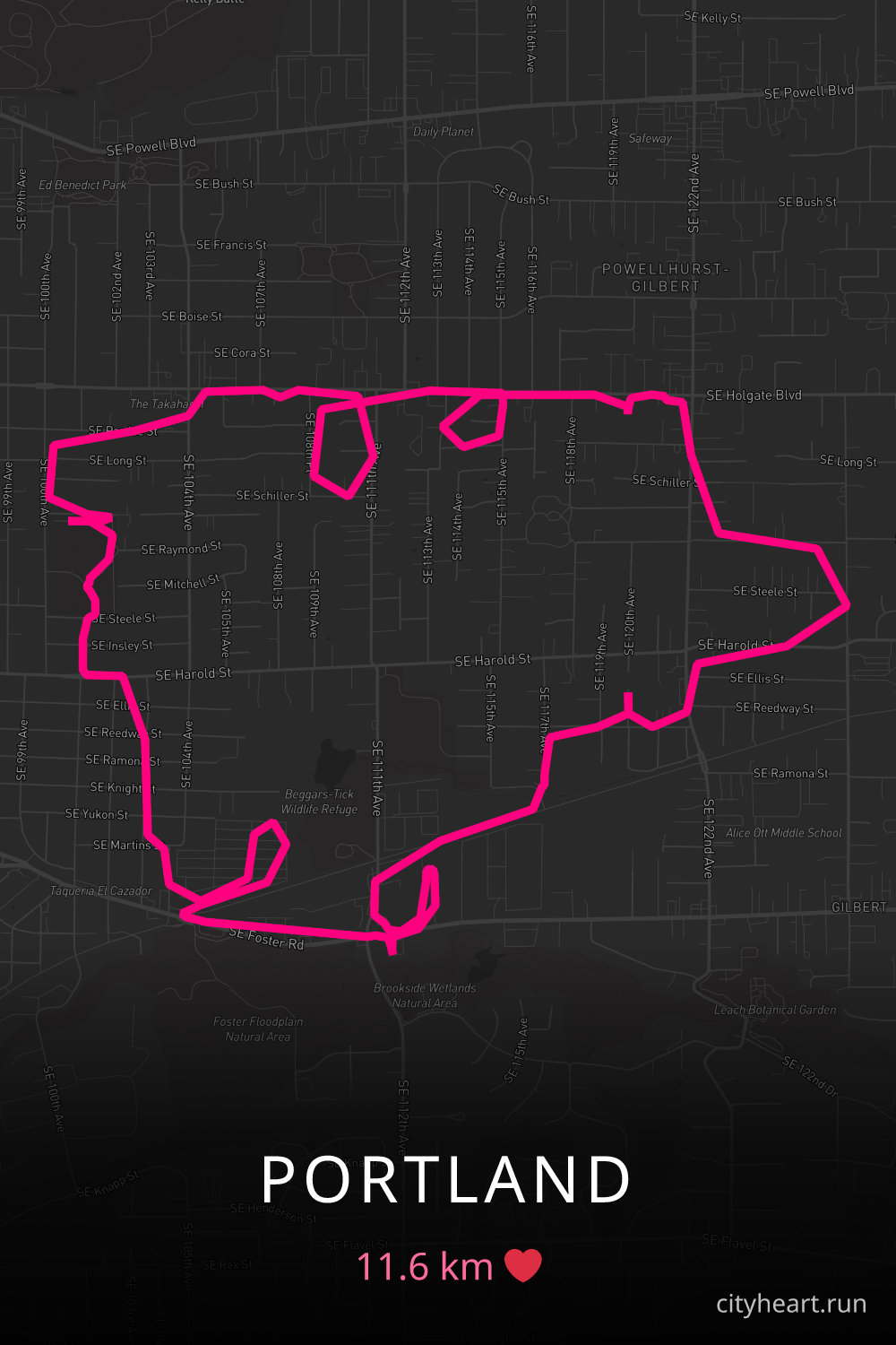Heart-shaped running route in Portland, 11.6 km — GPS art for Strava