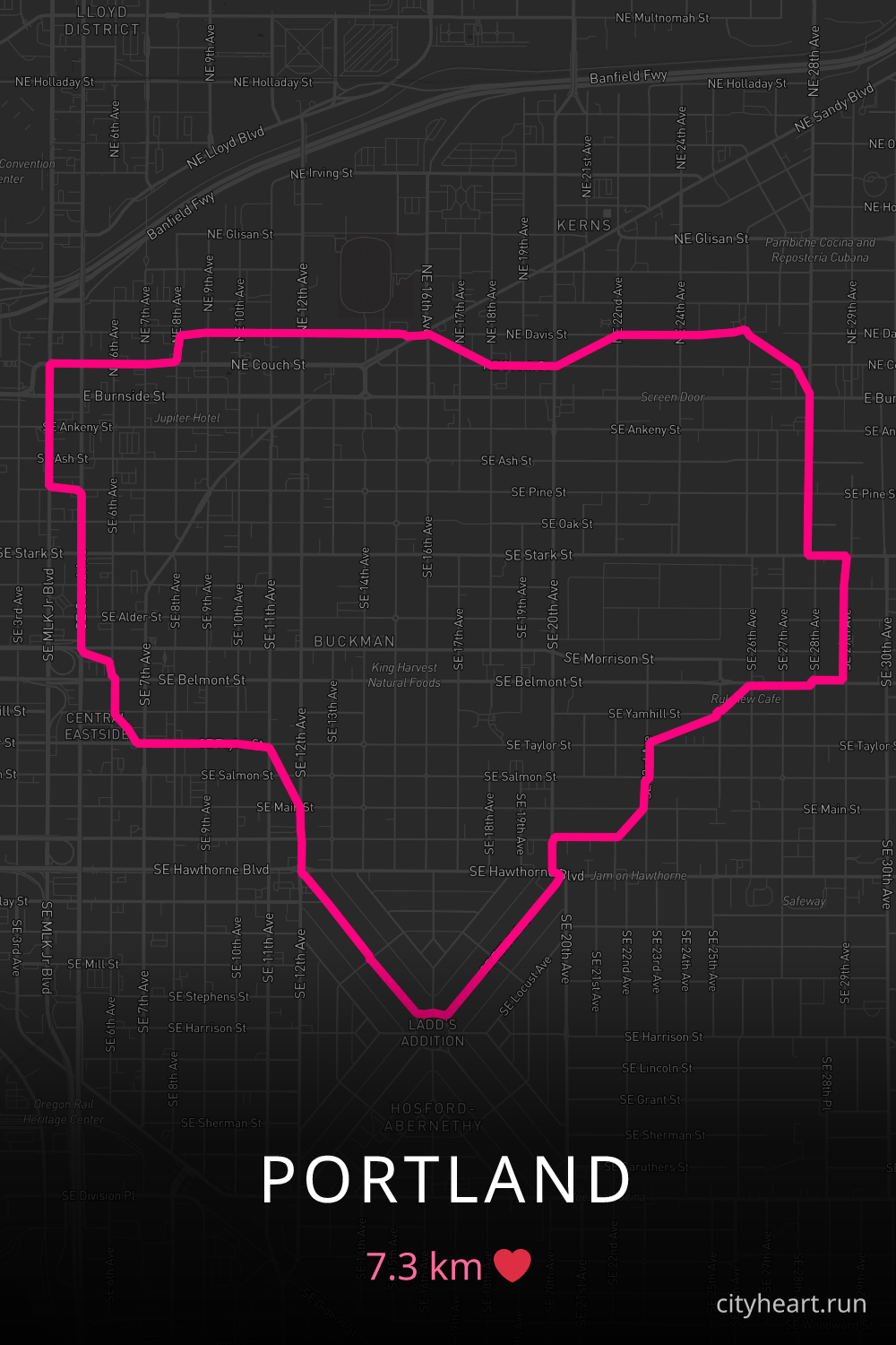 Heart-shaped running route in Portland, 7.3 km — GPS art for Strava