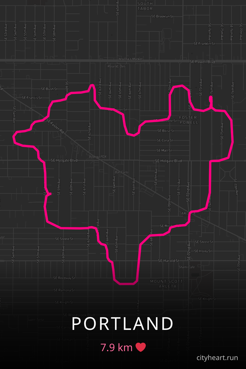Heart-shaped running route in Portland, 7.9 km — GPS art for Strava