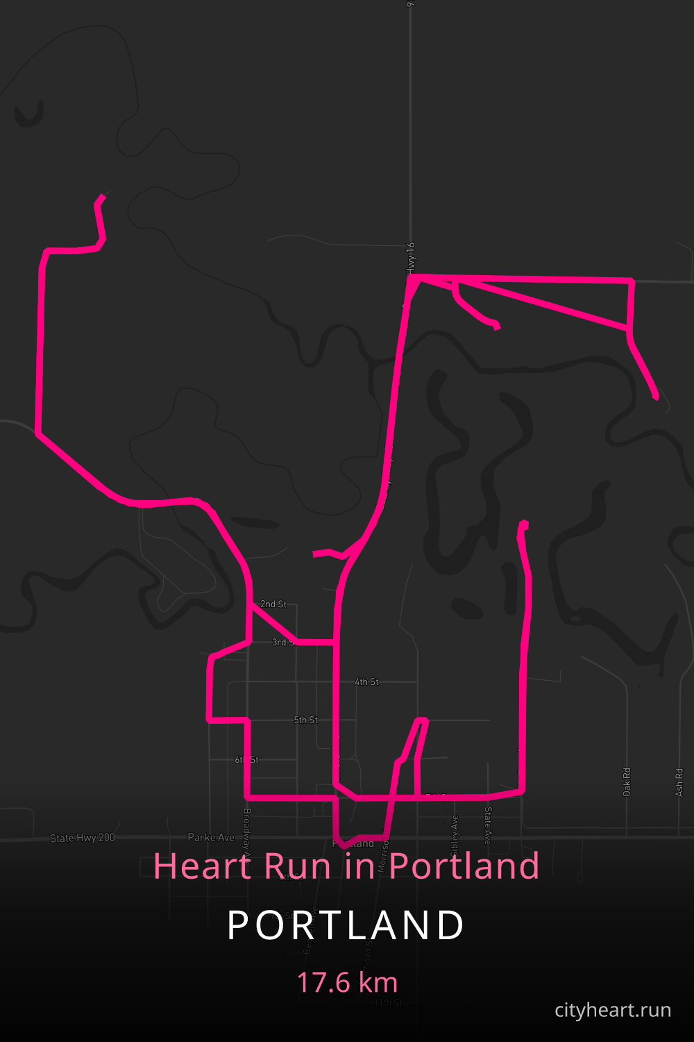 Heart-shaped running route in Portland, 17.6 km — GPS art for Strava