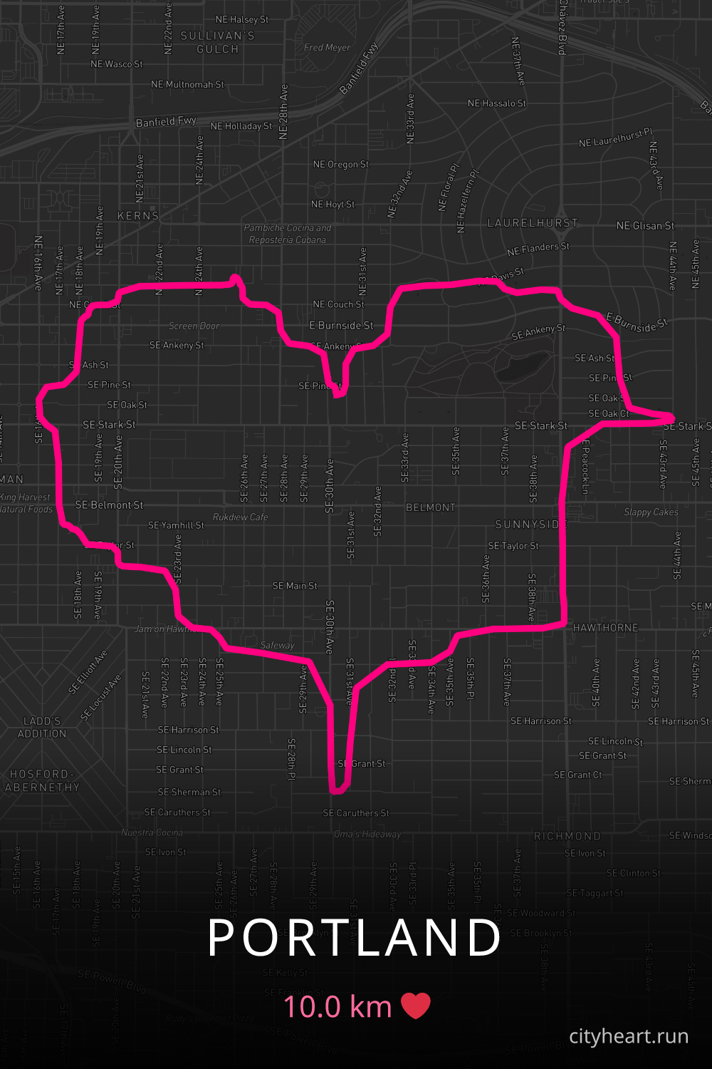 Heart-shaped running route in Portland, 10.0 km — GPS art for Strava
