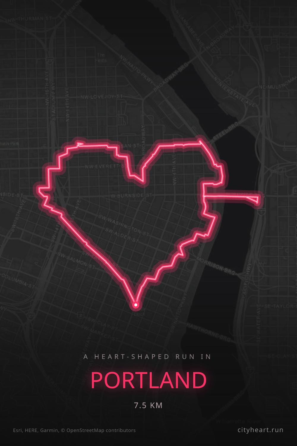 Heart-shaped running route in Portland, 7.5 km — GPS art for Strava