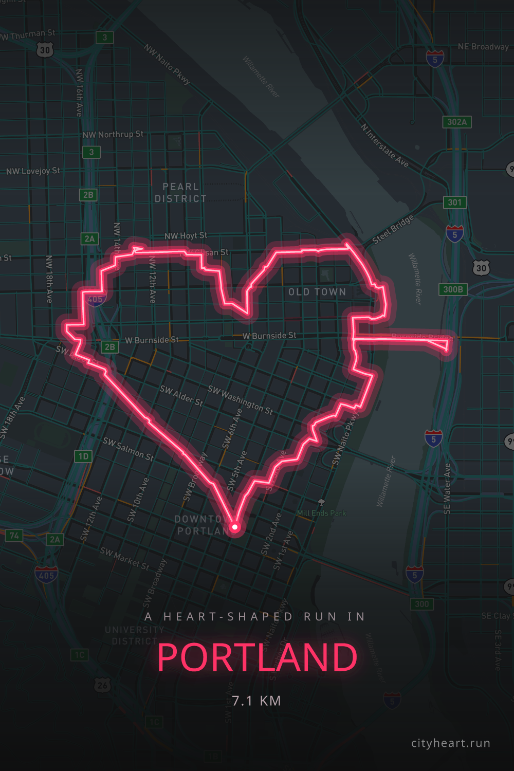 Heart-shaped running route in Portland, 7.5 km — GPS art for Strava