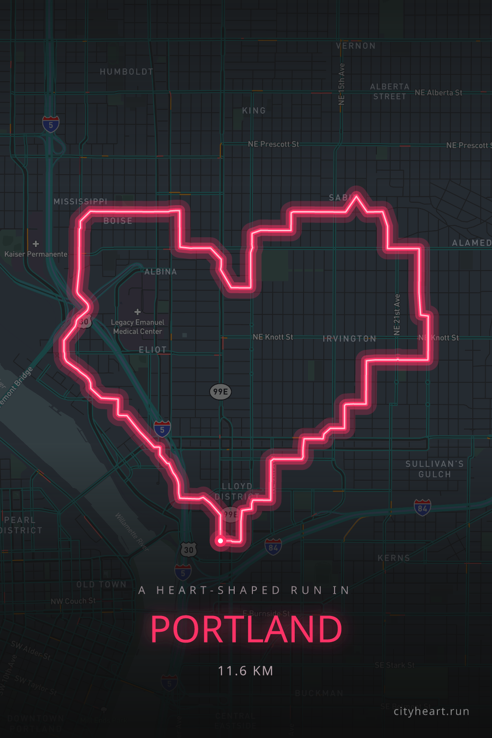 Heart-shaped running route in Portland, 11.6 km — GPS art for Strava