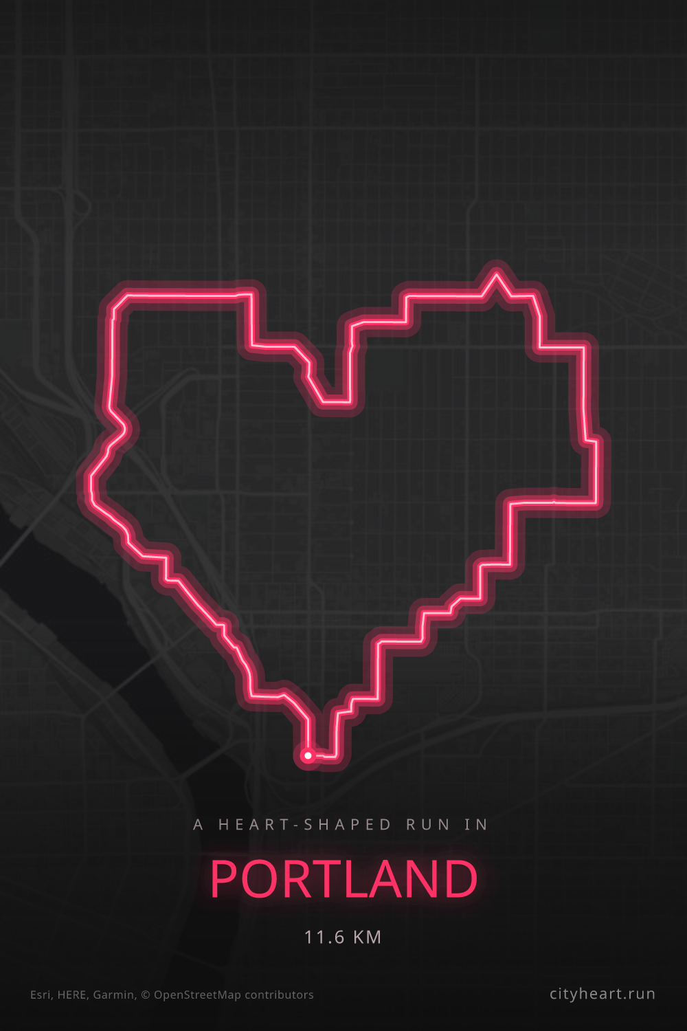 Heart-shaped running route in Portland, 11.6 km — GPS art for Strava