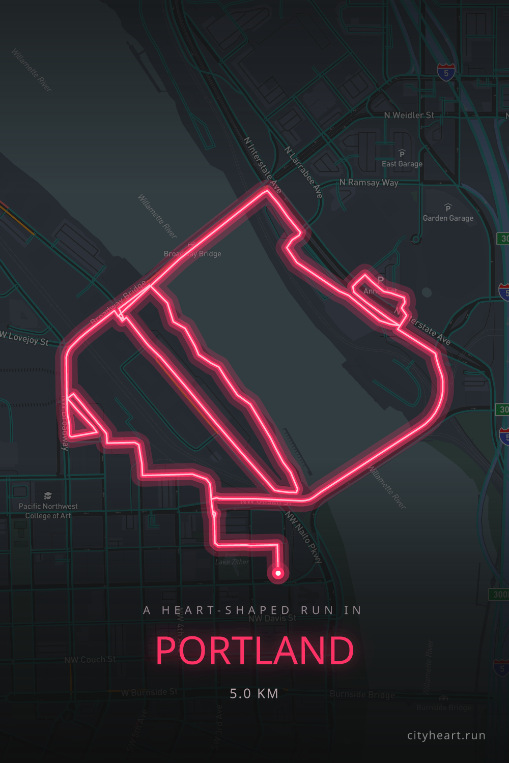 Heart-shaped running route in Portland, 5.0 km — GPS art for Strava