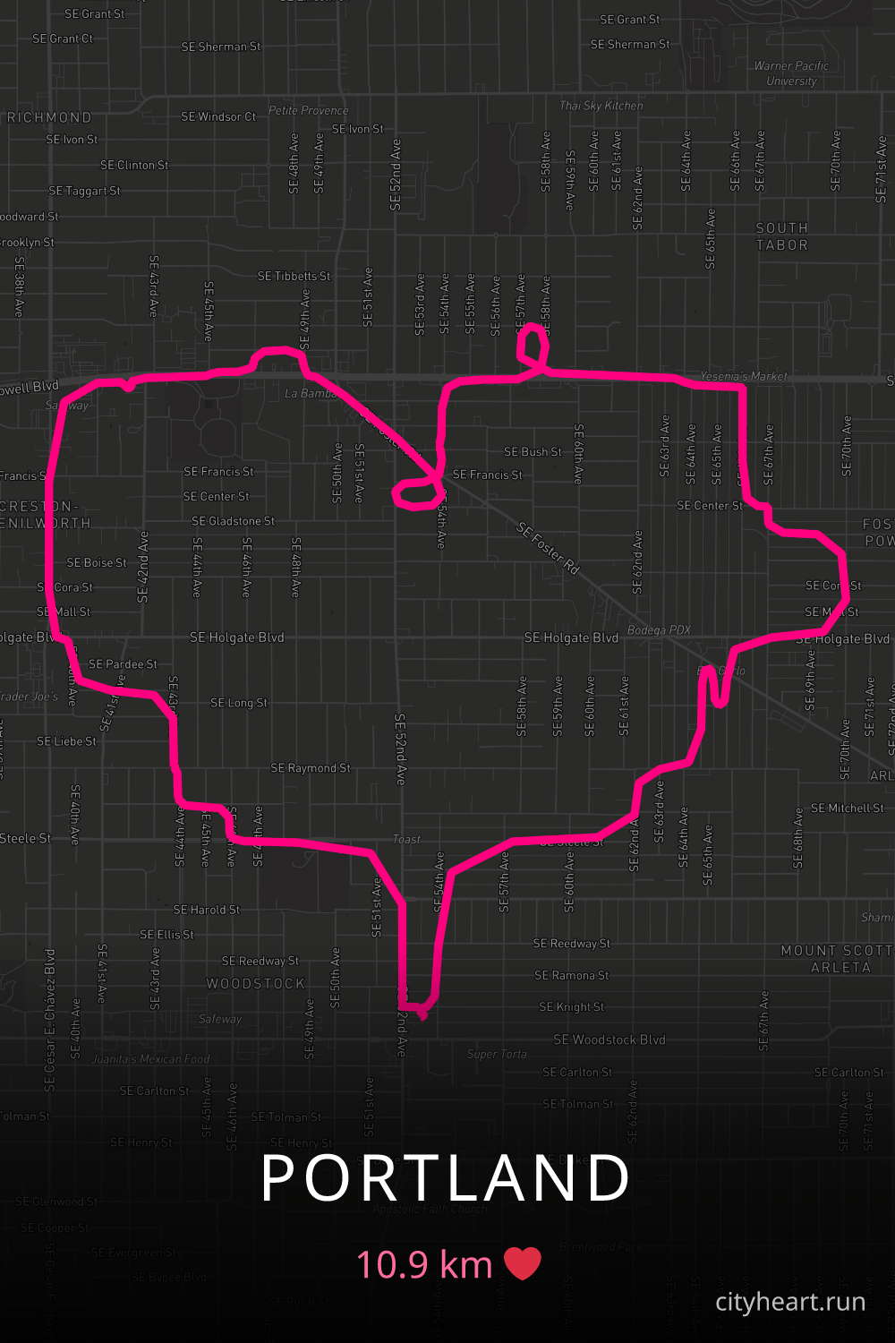 Heart-shaped running route in Portland, 10.9 km — GPS art for Strava