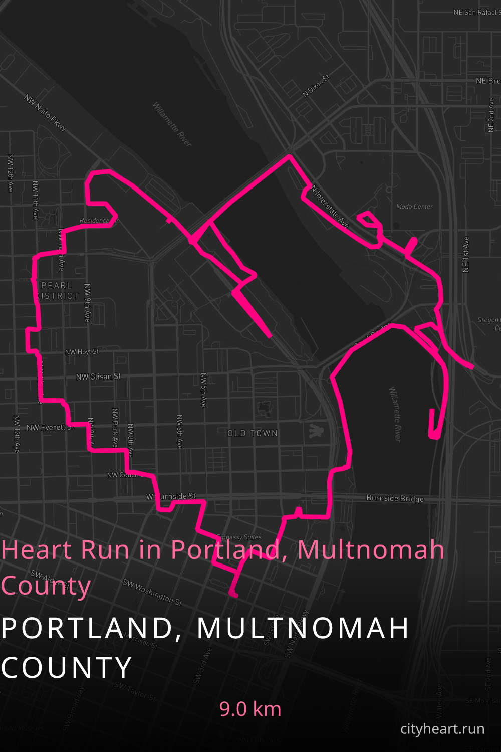 Heart-shaped running route in Portland, Multnomah County, 9.0 km — GPS art for Strava