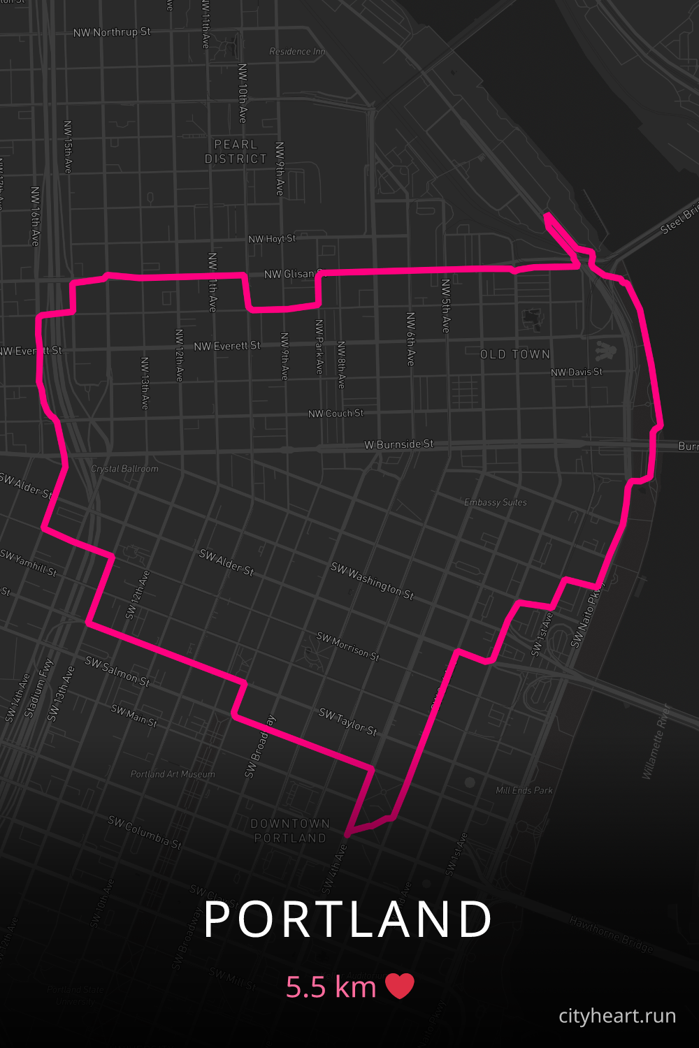 Heart-shaped running route in Portland, 5.5 km — GPS art for Strava