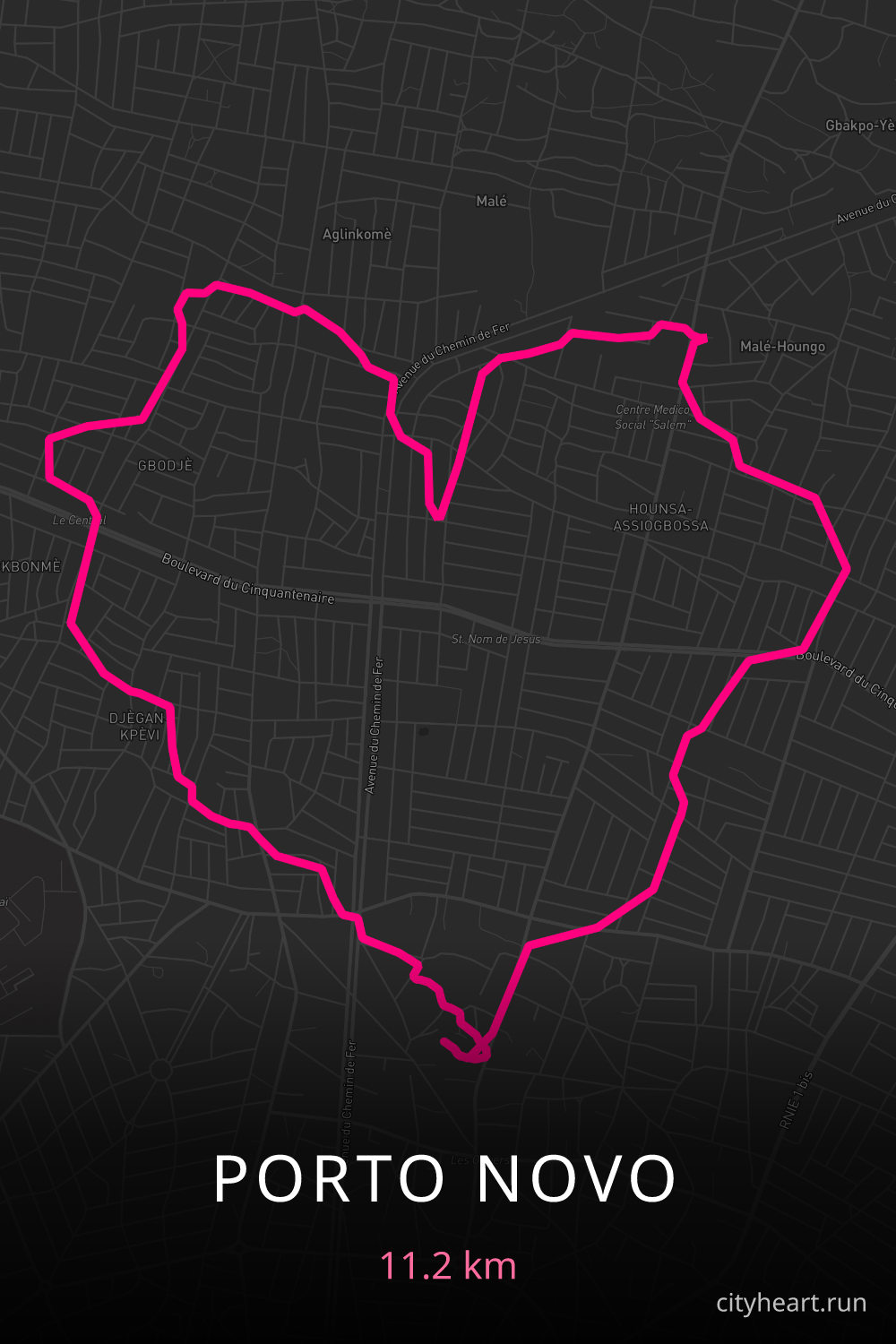 Heart-shaped running route in Porto Novo, 11.2 km — GPS art for Strava