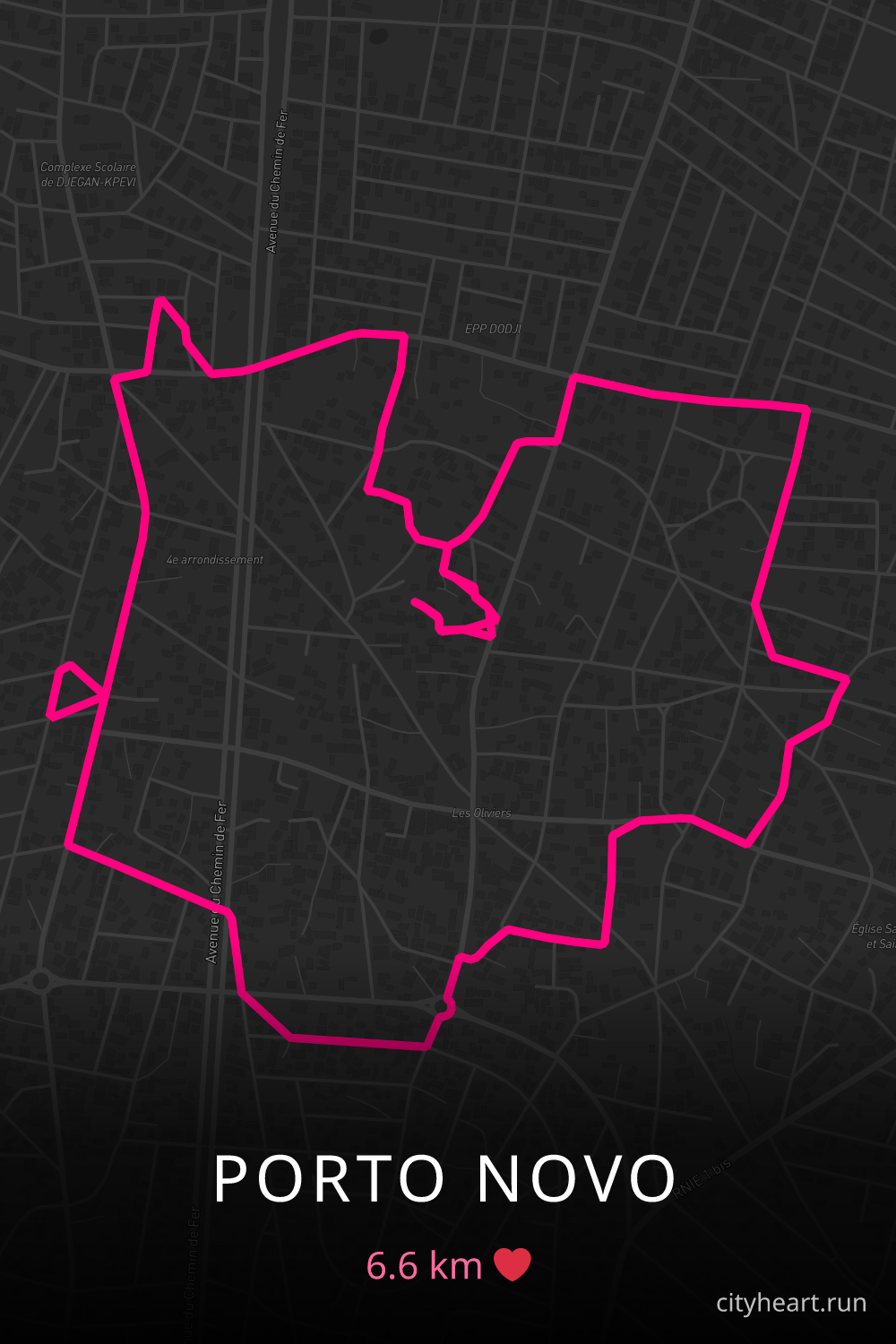 Heart-shaped running route in Porto Novo, 6.6 km — GPS art for Strava