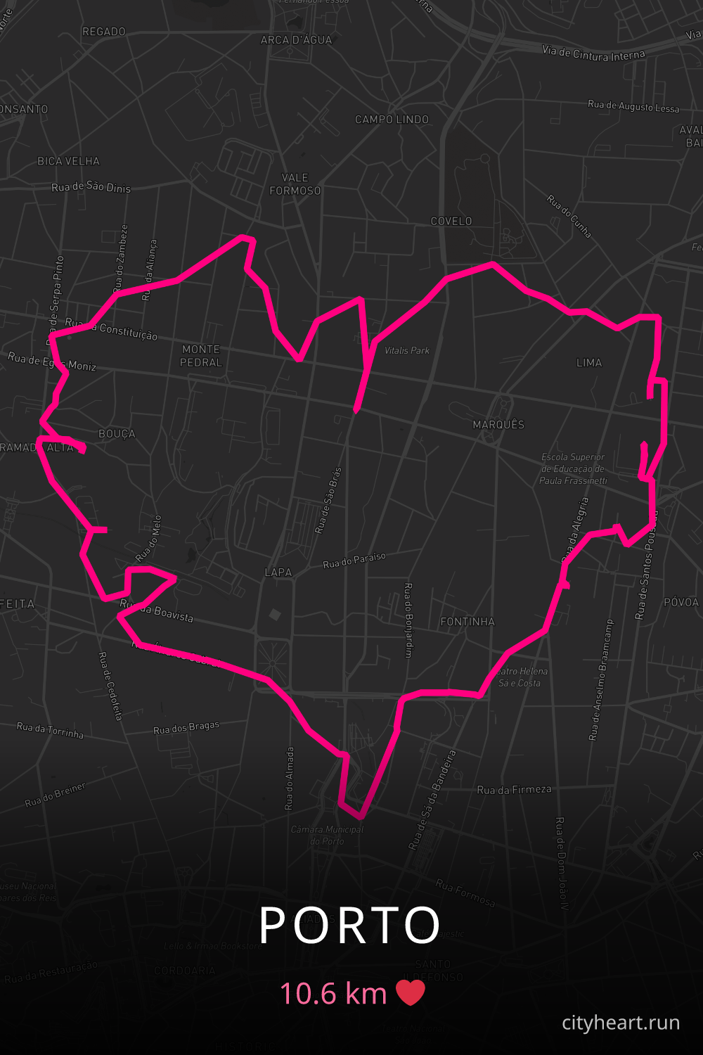 Heart-shaped running route in Porto, 10.6 km — GPS art for Strava