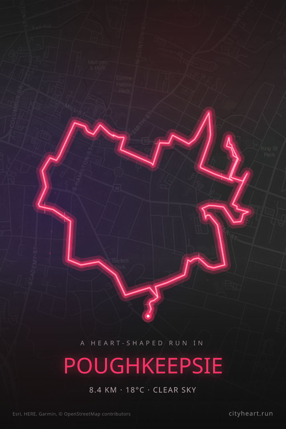 Heart-shaped running route in Poughkeepsie, 8.4 km — GPS art for Strava