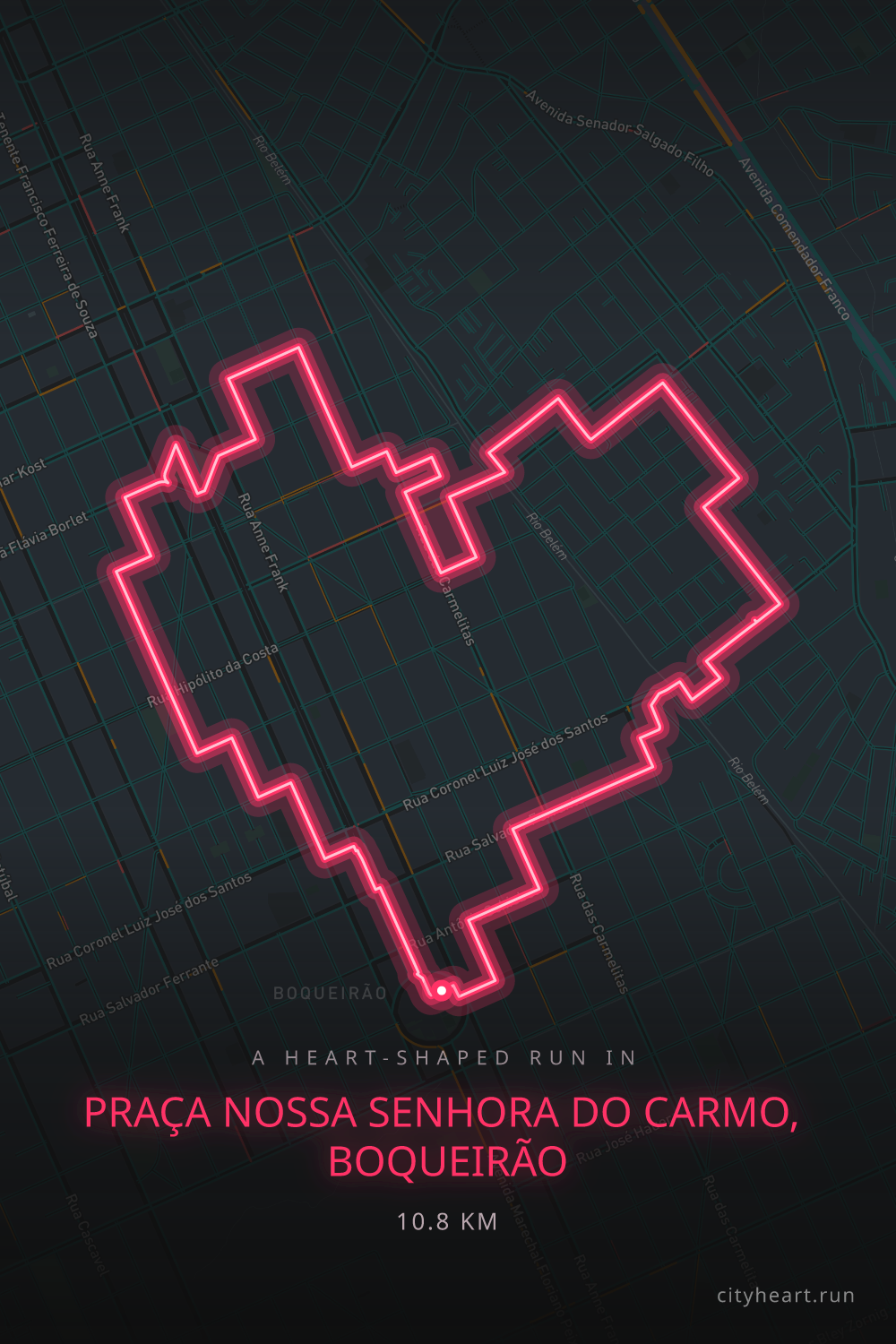 Heart-shaped running route in Praça Nossa Senhora do Carmo, Boqueirão, 10.8 km — GPS art for Strava