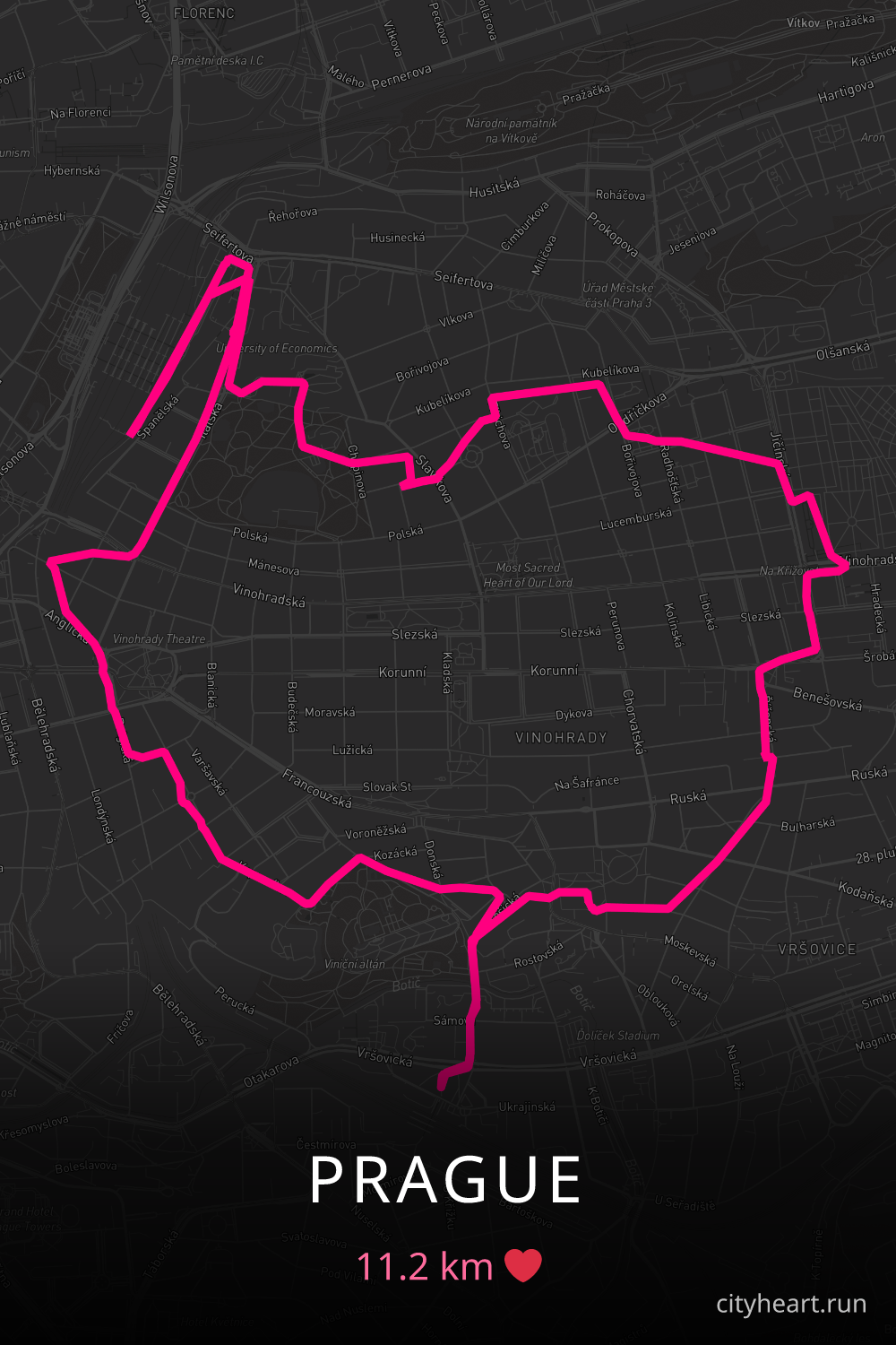 Heart-shaped running route in Prague, 11.2 km — GPS art for Strava