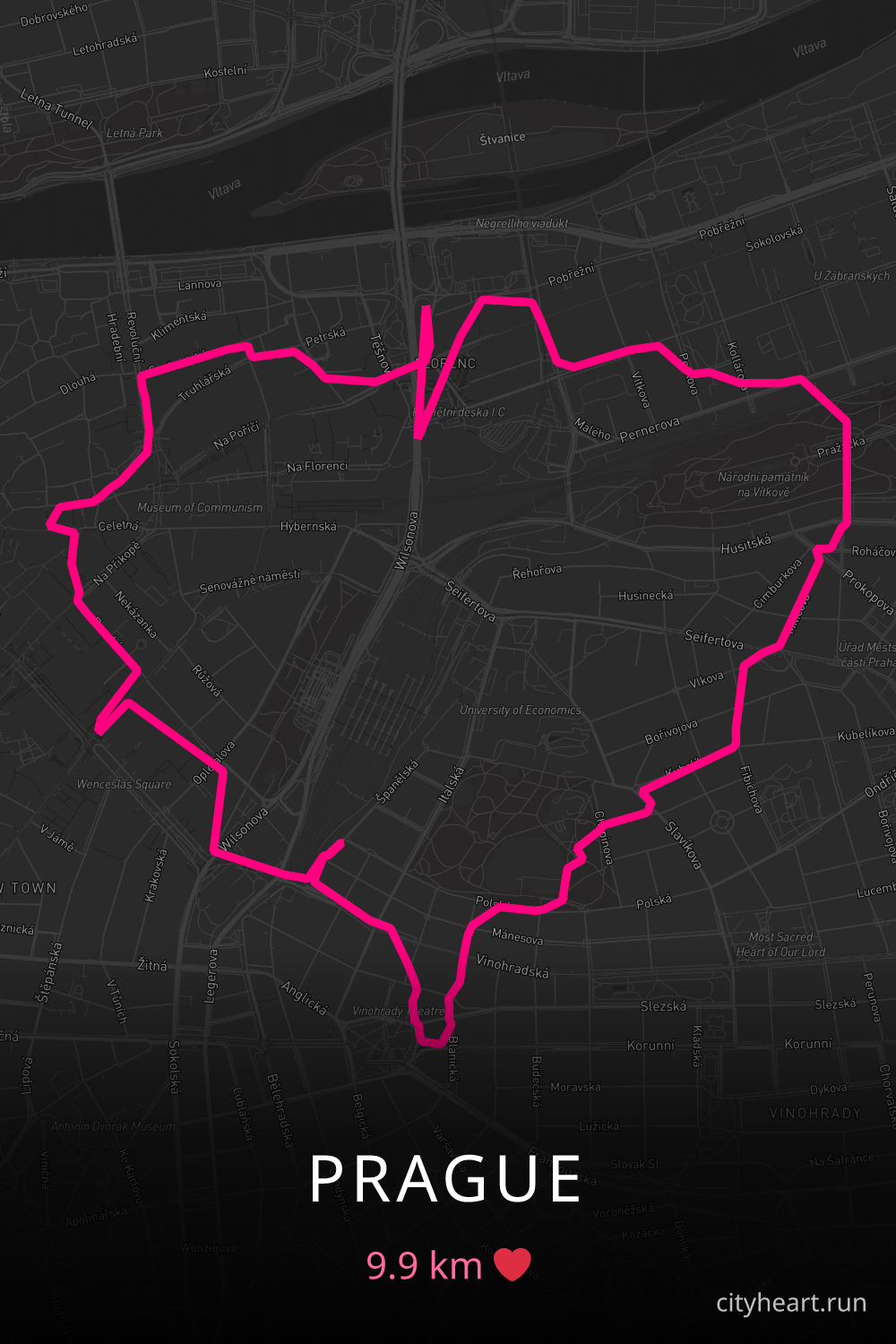 Heart-shaped running route in Prague, 9.9 km — GPS art for Strava