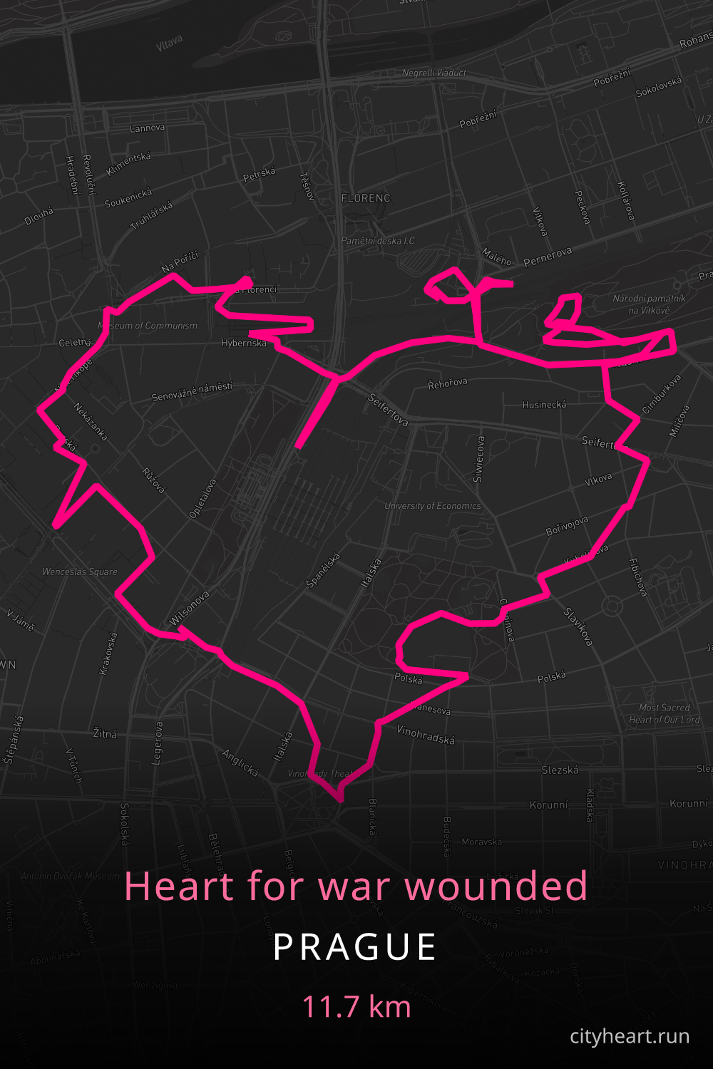 Heart-shaped running route in Prague, 11.7 km — GPS art for Strava