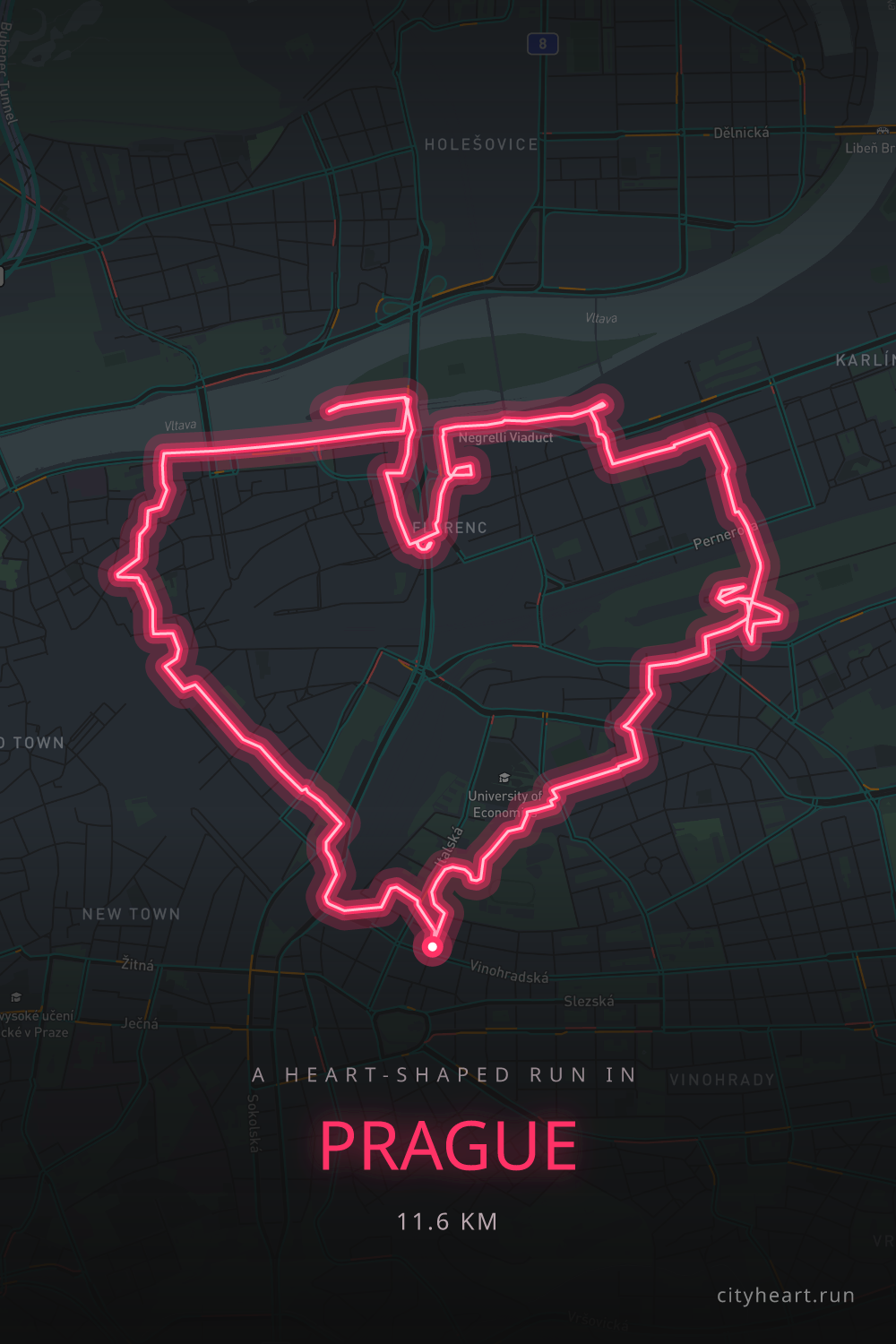 Heart-shaped running route in Prague, 12.8 km — GPS art for Strava